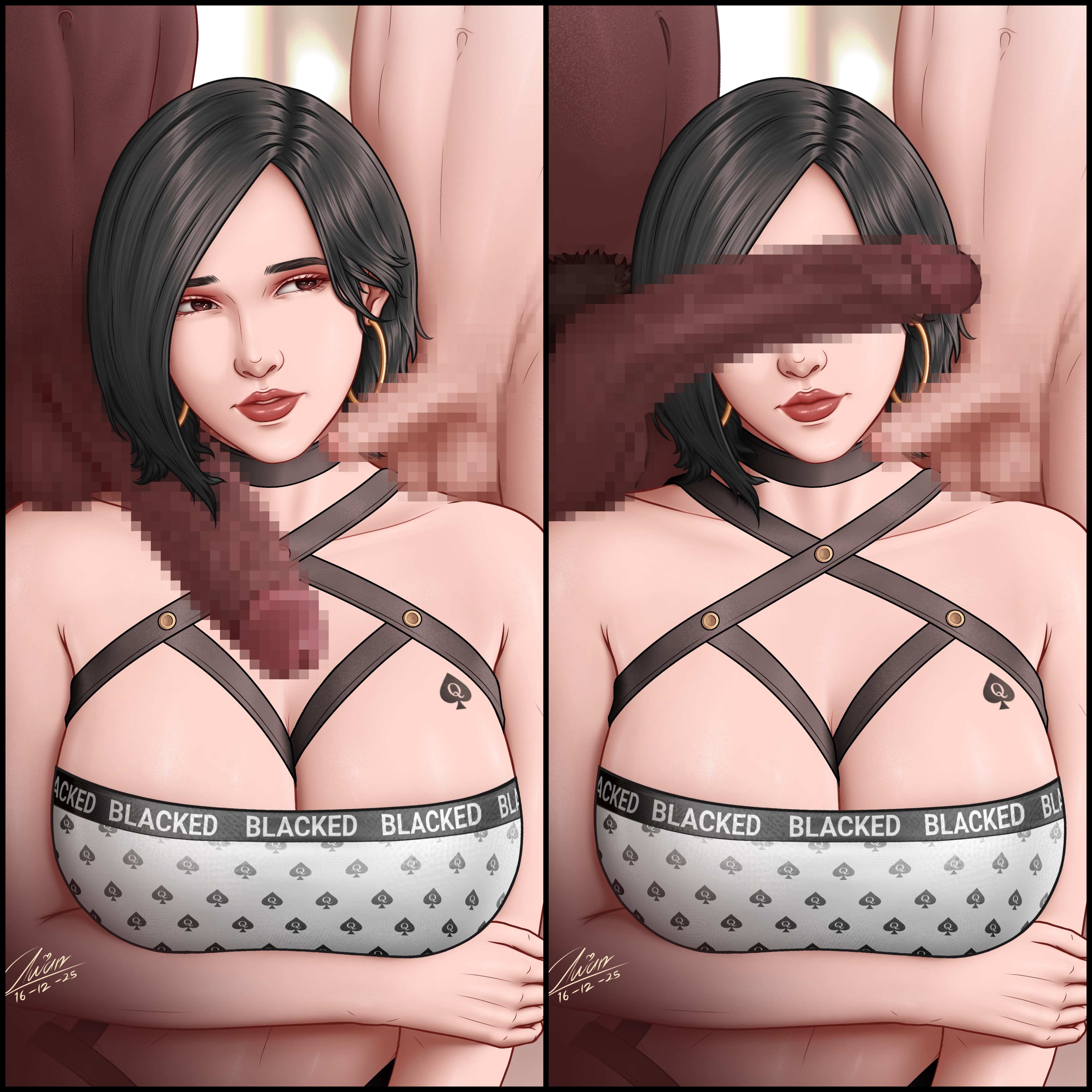 ada wong, asian, asian female, big breasts, big penis, blacked, blacked asian, blacked clothing, busty, censored, chinese, chinese female, cleavage, clothed female nude male, cuckold, cuckolding, dark nipples, dark-skinned male, huge breasts, interracial, large breasts, large penis, netorare, ntr, penis on face, penis size difference, qos, qos tattoo, queen of spades, r3ddemon, resident evil, resident evil 4, ricebunny, size queen, small penis