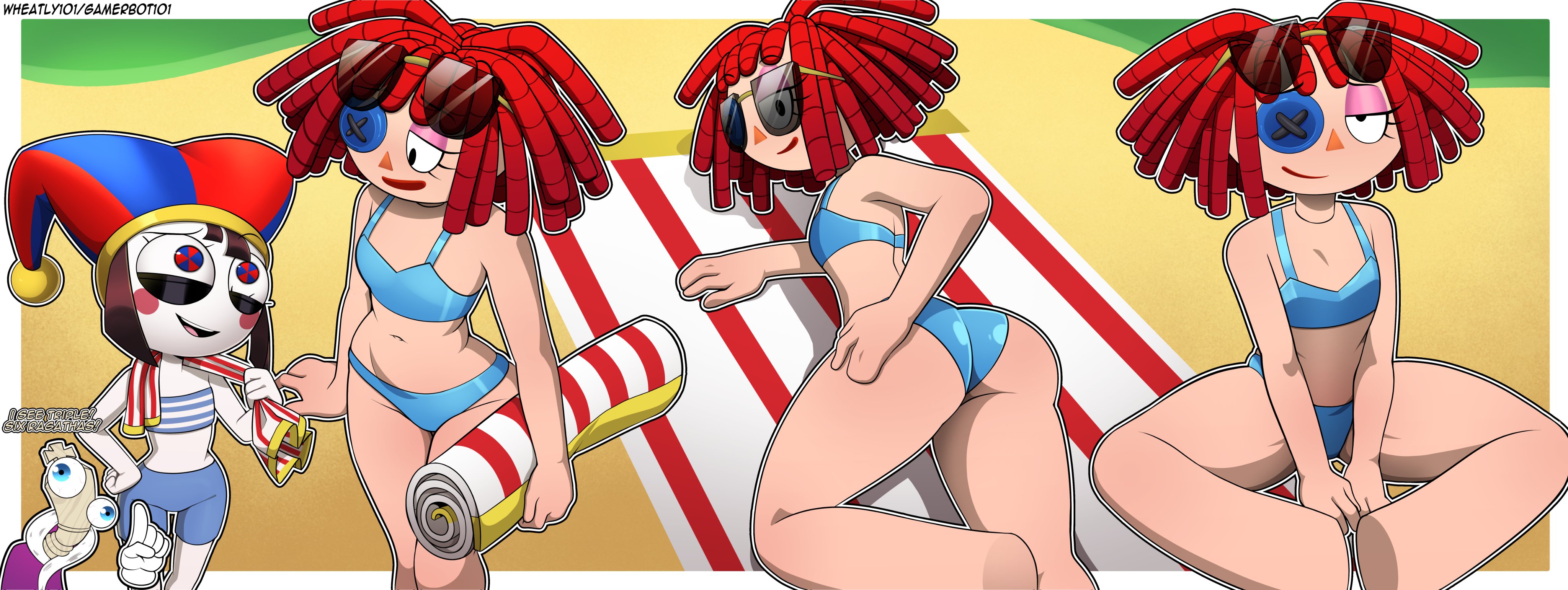 1boy, 1boy2girls, 2025, 2girls, 2girls1boy, beach, beach towel, belly button, bikini, bikini bottom, bikini top, border, brown hair, brown hair female, button eyes, digital drawing (artwork), digital media (artwork), eyebrows raised, eyebrows visible through hair, female, female focus, flat chest, flat chested, glitch productions, gooseworx, hand on hip, hat, headwear, kinger (the amazing digital circus), laying down, laying on stomach, looking at another, looking at viewer, looking back, lying down, lying on stomach, male, multicolored eyes, navel, pomni (beach outfit), pomni (the amazing digital circus), ragatha (beach outfit), ragatha (the amazing digital circus), red hair, red hair female, sitting, sitting down, small breasts, smile, smiling, smiling at another, smiling at viewer, smirk, smirking, smirking at viewer, solo focus, standing, sunglasses, sunglasses on head, swimsuit, swimwear, text, the amazing digital circus, towel, towel around neck, wheatly101, white body, white border, white skin