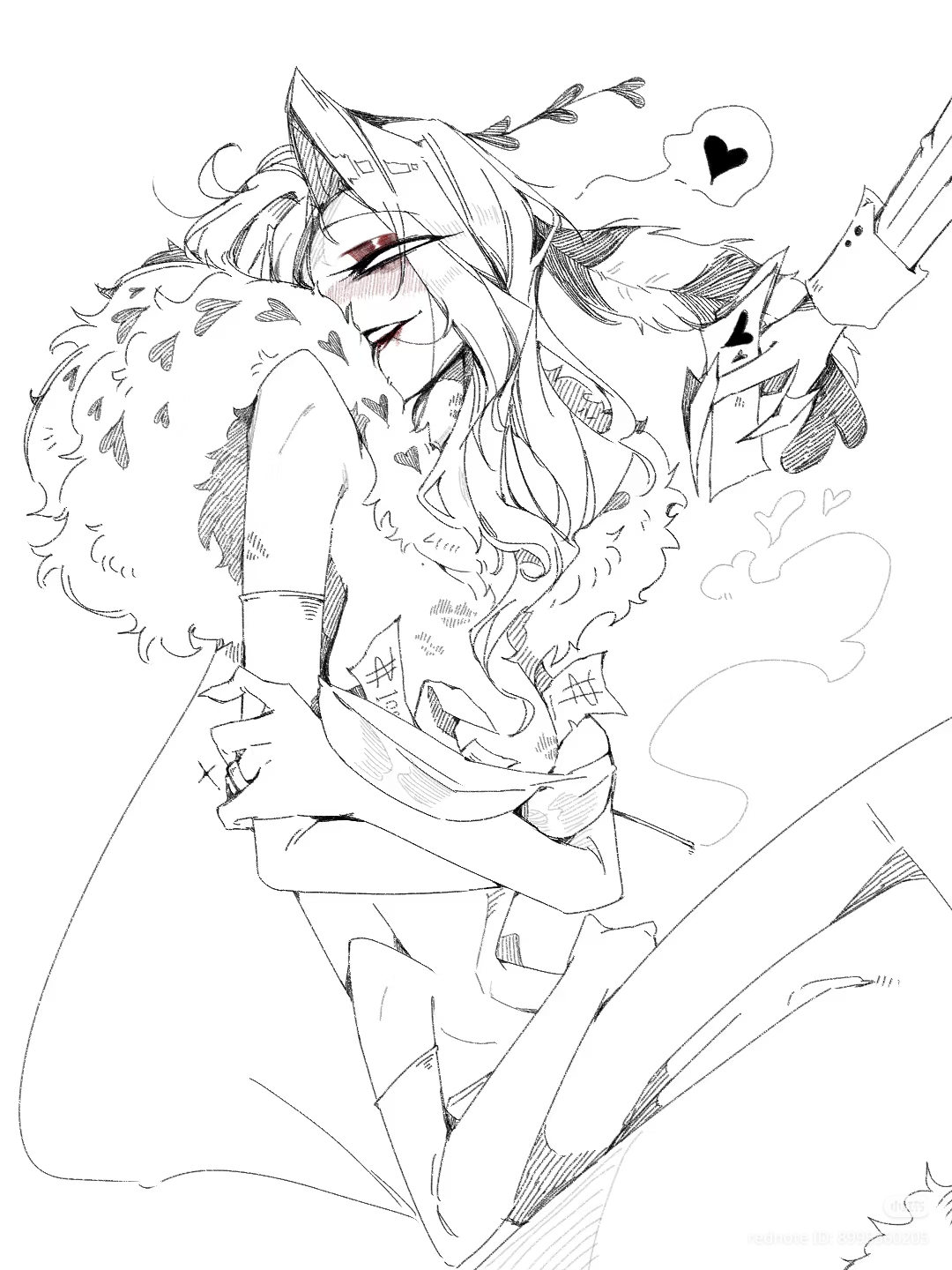 2girls, 4 arms, blush, claws, clothing, female, female only, hazbin hotel, hellaverse, lesbian, money in cleavage, pupilless eyes, rule 63, simple background, sketch, smile, valentino (hazbin hotel), vox (hazbin hotel)
