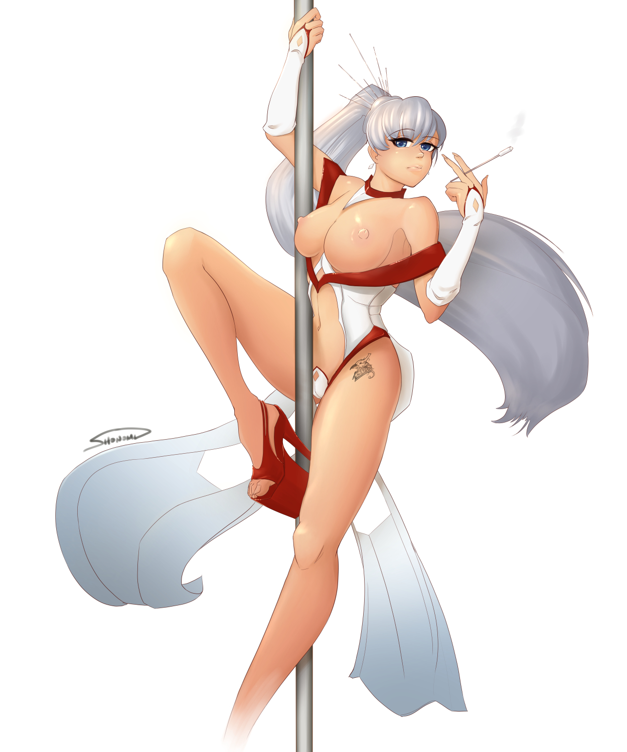 bare shoulders, blue eyes, breasts, breasts out, bridal gauntlets, cigarette, cigarette holder, detached collar, earrings, female, high heels, lingerie, long hair, long legs, looking at viewer, navel, navel cutout, night, nipples, platform footwear, platform heels, pole dancing, ponytail, revealing clothes, rwby, shonomi, showgirl skirt, silver hair, simple background, skimpy clothes, smoke, smoking, solo, stripper pole, tattoo, tied hair, very long hair, weiss schnee, white background, white hair