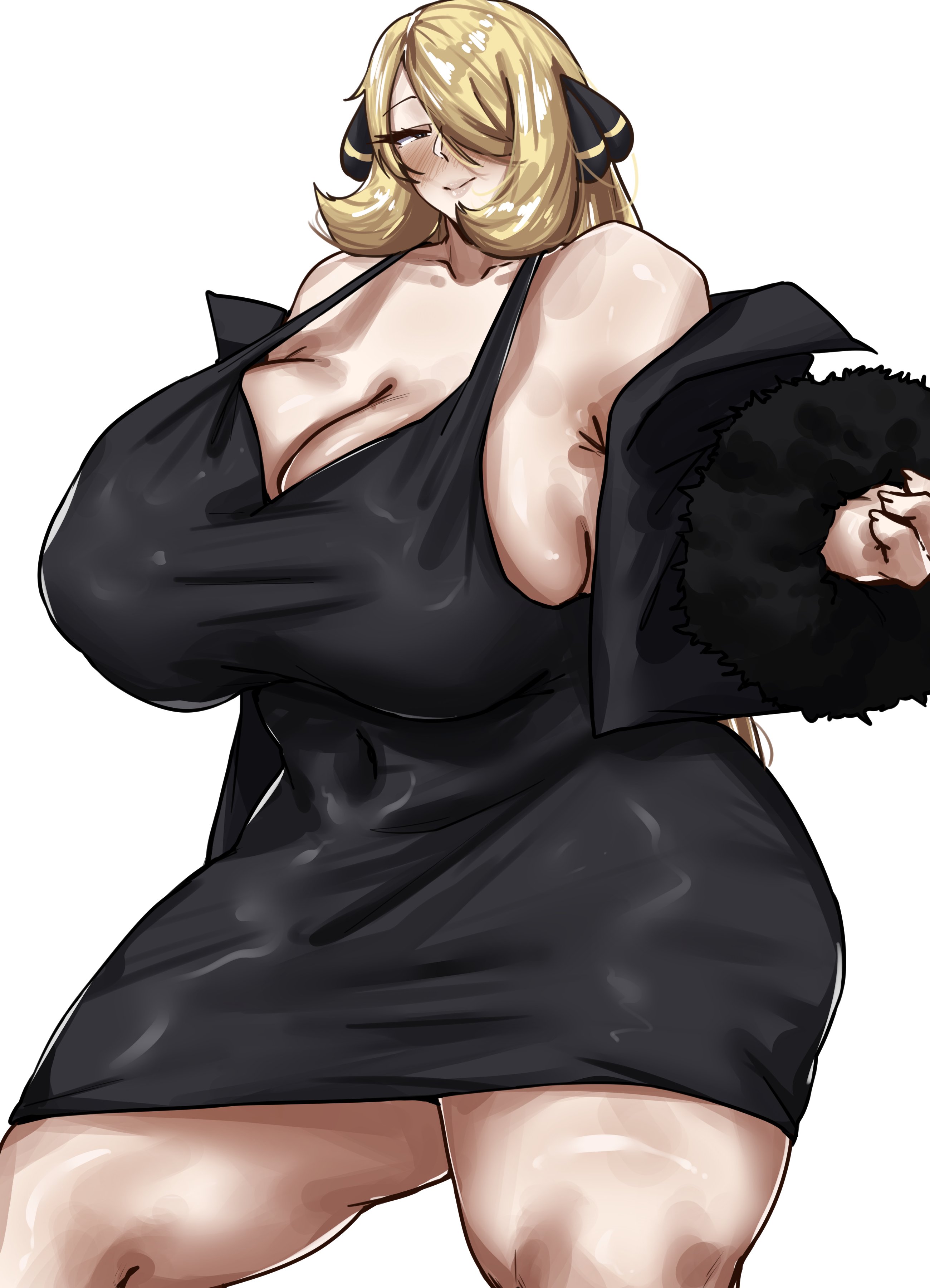 2d, alternate breast size, areola slip, artist name, artist signature, bare shoulders, big breasts, blonde hair, blush, breasts, breasts bigger than head, cameltoe, cleavage, corset, cynthia (pokemon), dress, female, female focus, female only, game freak, gloves, hair ornament, hat, heart, huge breasts, hyper, hyper breasts, kimono, light skin, light-skinned female, long hair, long sleeves, looking at viewer, mob cap, neckwear, nintendo, obi, omikami, open mouth, pokemon, pokemon champion, pokemon dppt, puffy short sleeves, pussy, smile, snowbunny, solo, source, standing, steamy breath, white background, yellow eyes