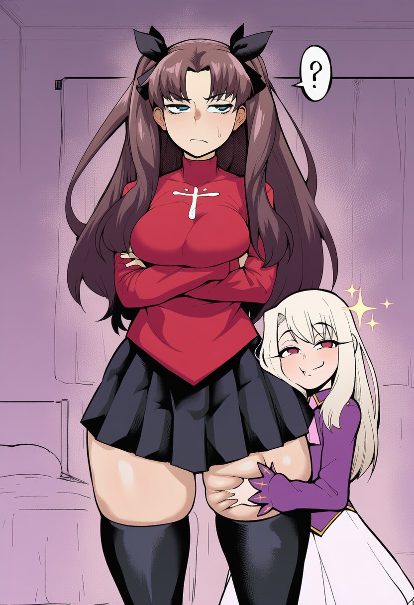 ai generated, aphrodisitive, blue eyes, breasts, brown hair, clothing, fate (series), fate/stay night, female, futa on female, futanari, groping, illyasviel von einzbern, imminent sex, implied futa, intersex, light-skinned female, medium breasts, red eyes, thick thighs, tohsaka rin