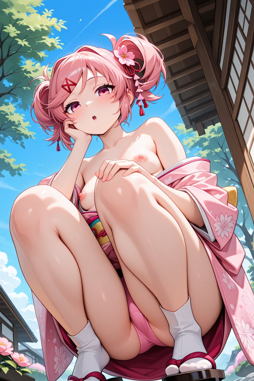 1girls, ai generated, areola, areolae, breasts, crouching, doki doki literature club, female, flower, flower in hair, japanese clothes, jeff ddlc, kimono, kimono down, low-angle view, natsuki (doki doki literature club), nipples, no bra, outdoors, outside, panties, partially clothed, pink eyes, pink hair, pink panties, sandals, small breasts, solo, squatting, upskirt