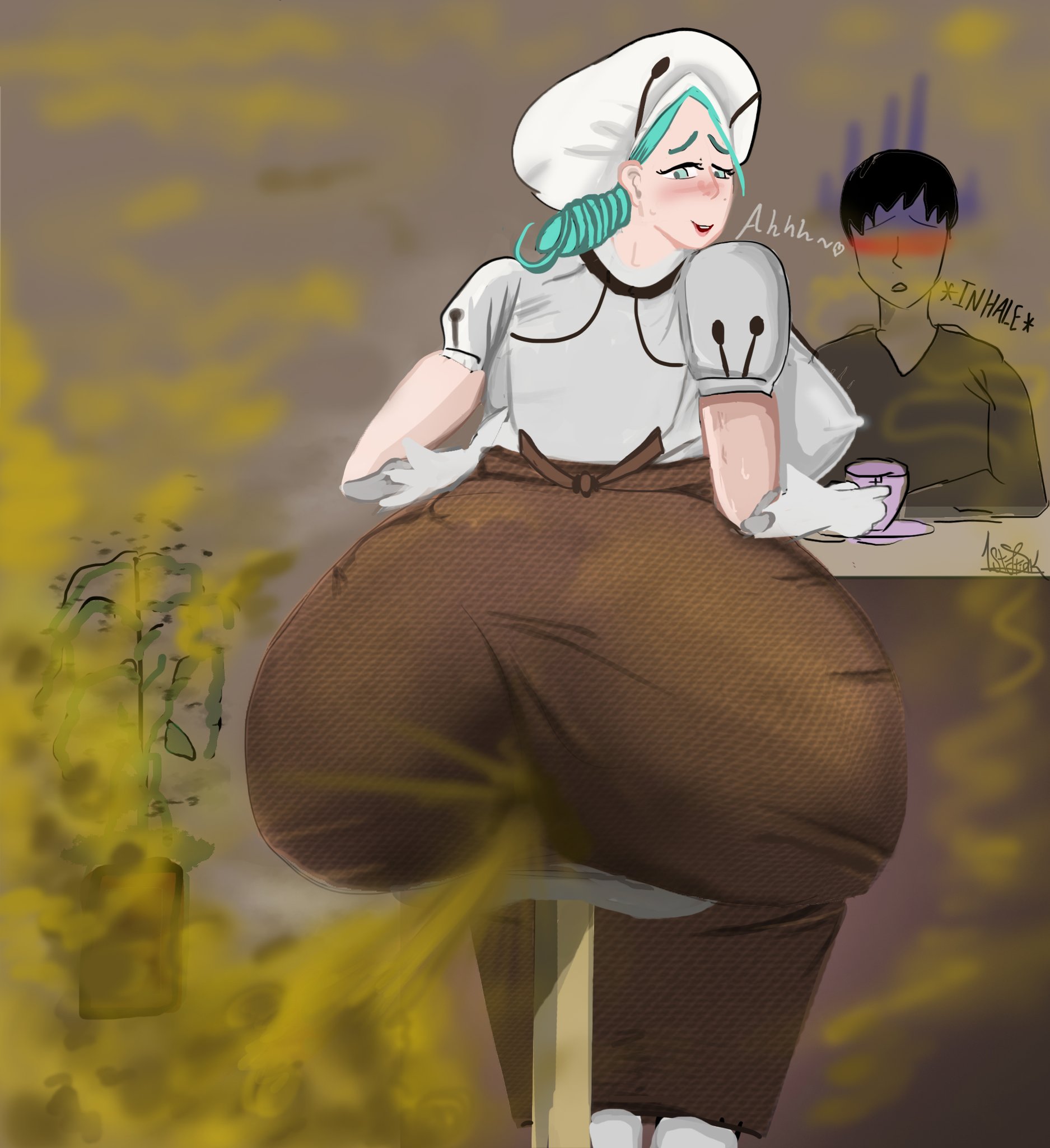 1ststinksfirst, bar stool, big ass, big breasts, big butt, blush, breasts, enjoying farts, fart, fart fetish, gigantic ass, huge ass, katy (pokemon), pokemon, voluptuous