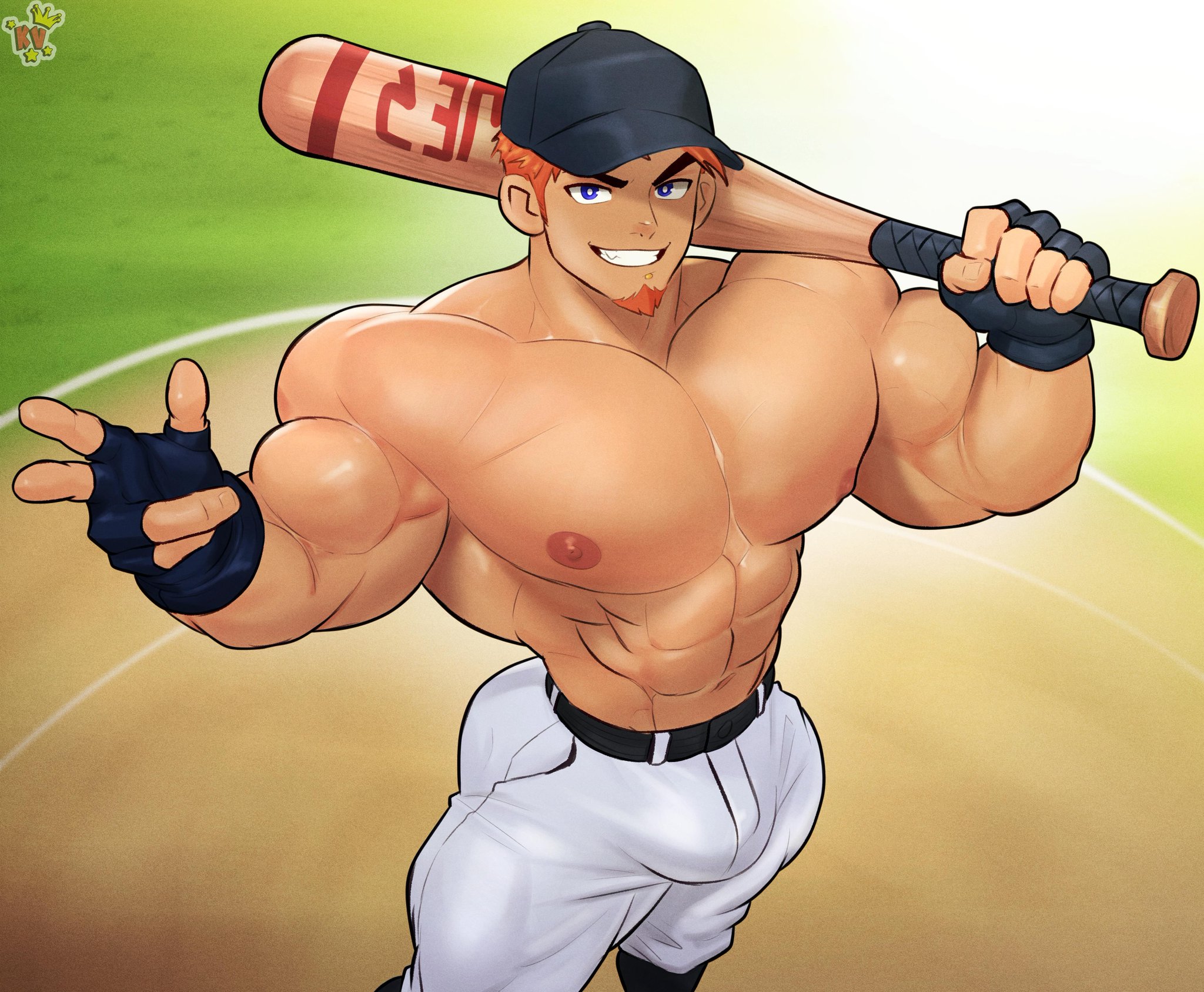 abs, baseball bat, baseball cap, baseball uniform, biceps, big muscles, big pecs, big pectorals, bodybuilder, kingdom velvet, male, muscles, nipples, pecs, pectorals, topless, topless male