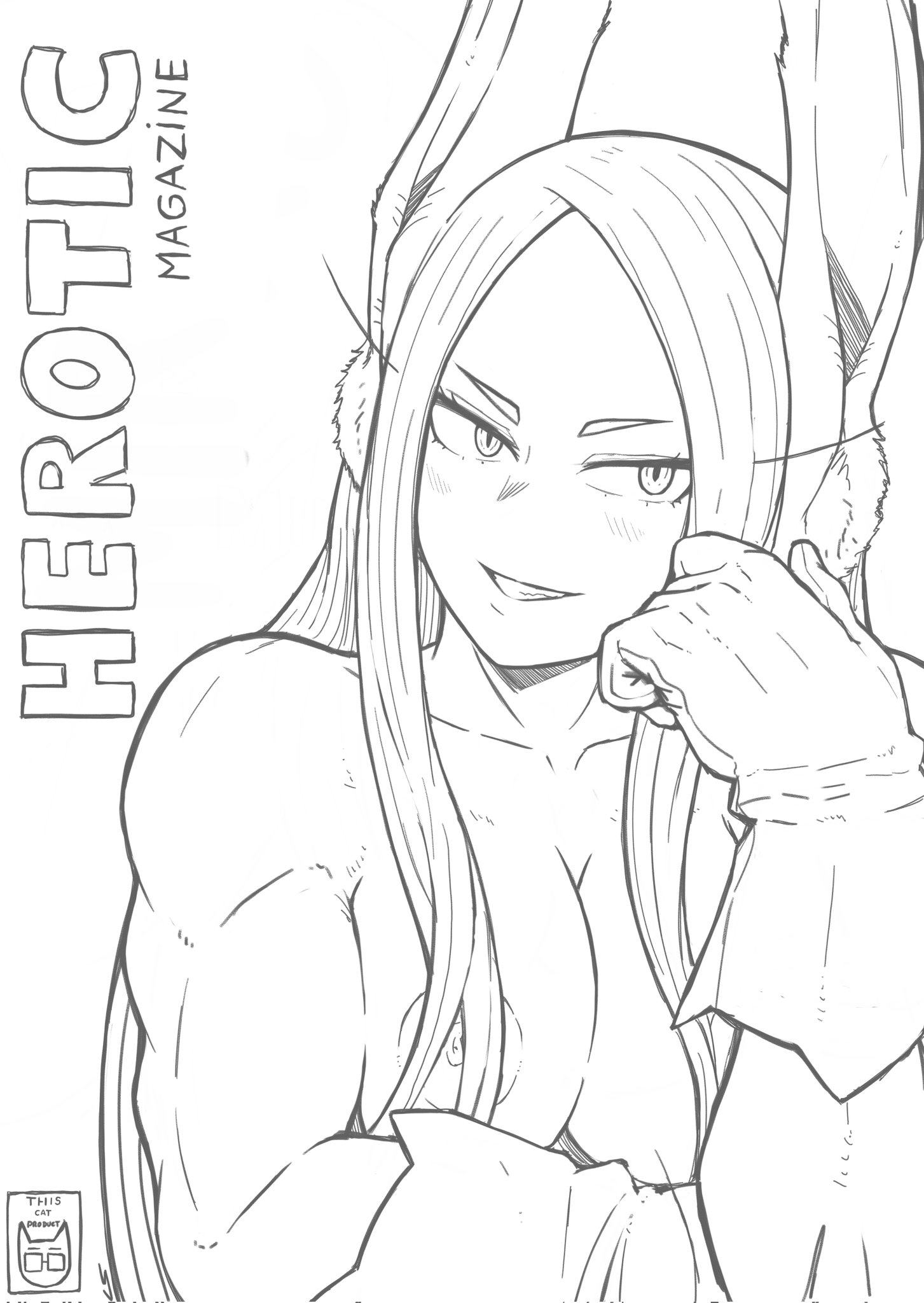1girls, 2025, 23condex, 2d, 2d (artwork), animal ears, areolae, biceps, boku no hero academia, bunny ears, bunny girl, eyelashes, female, female focus, female only, gloves, long eyelashes, long hair, long hair female, long-haired female, magazine cover, mature female, mirko, miruko, monochrome, muscular, muscular female, my hero academia, naked, naked female, nipples, rumi usagiyama, sketch, solo, solo female, solo focus, superheroine