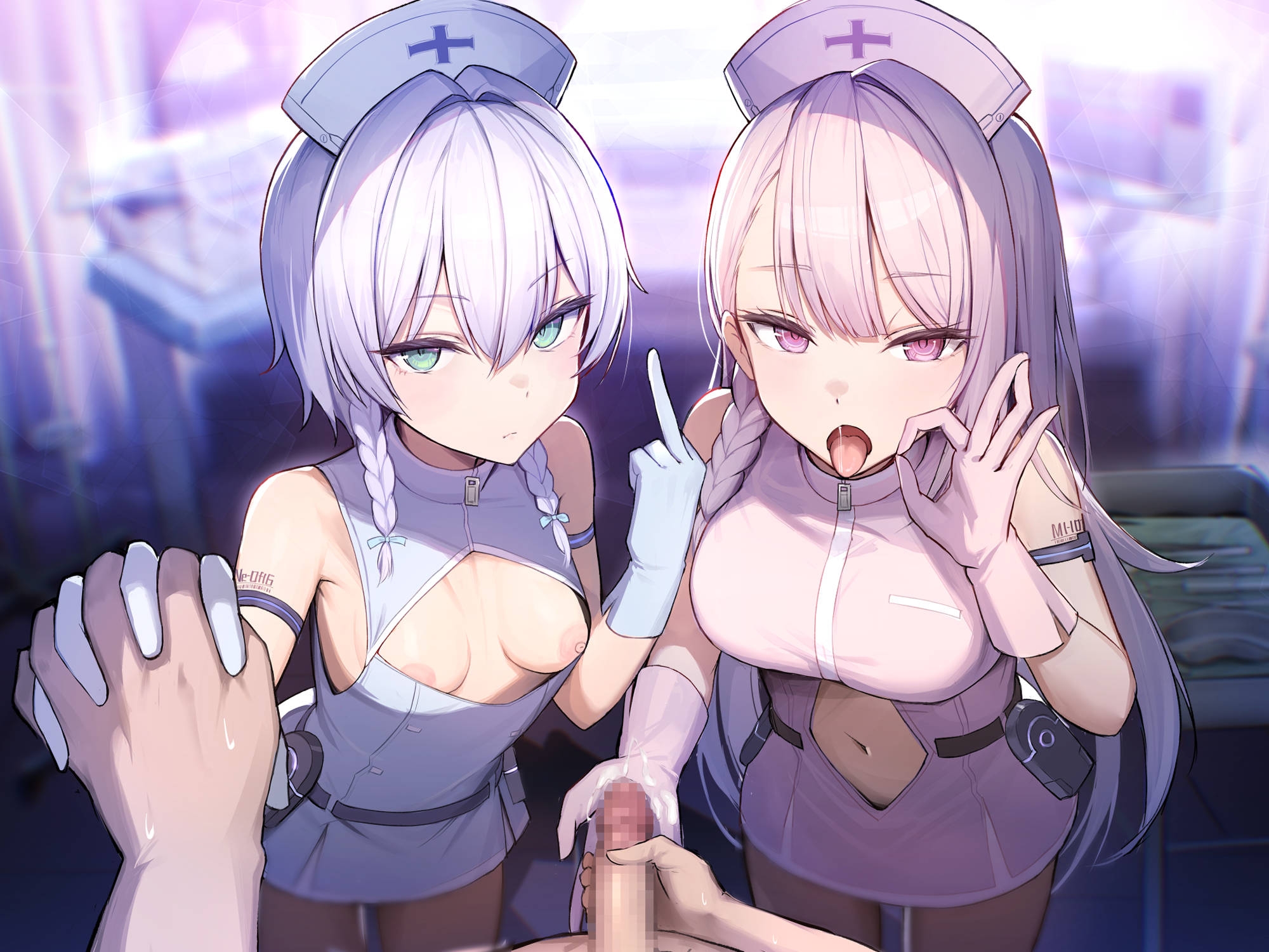 2girls, blue hair, blurry, blurry background, braid, breasts, censored, cum, fellatio gesture, female, gloves, green eyes, hat, highres, holding hands, keman, male, middle finger, multiple females, multiple girls, navel, nurse, nurse cap, original, penis, pink eyes, pink hair, pov, pov hands, thick eyelashes, tongue, tongue out