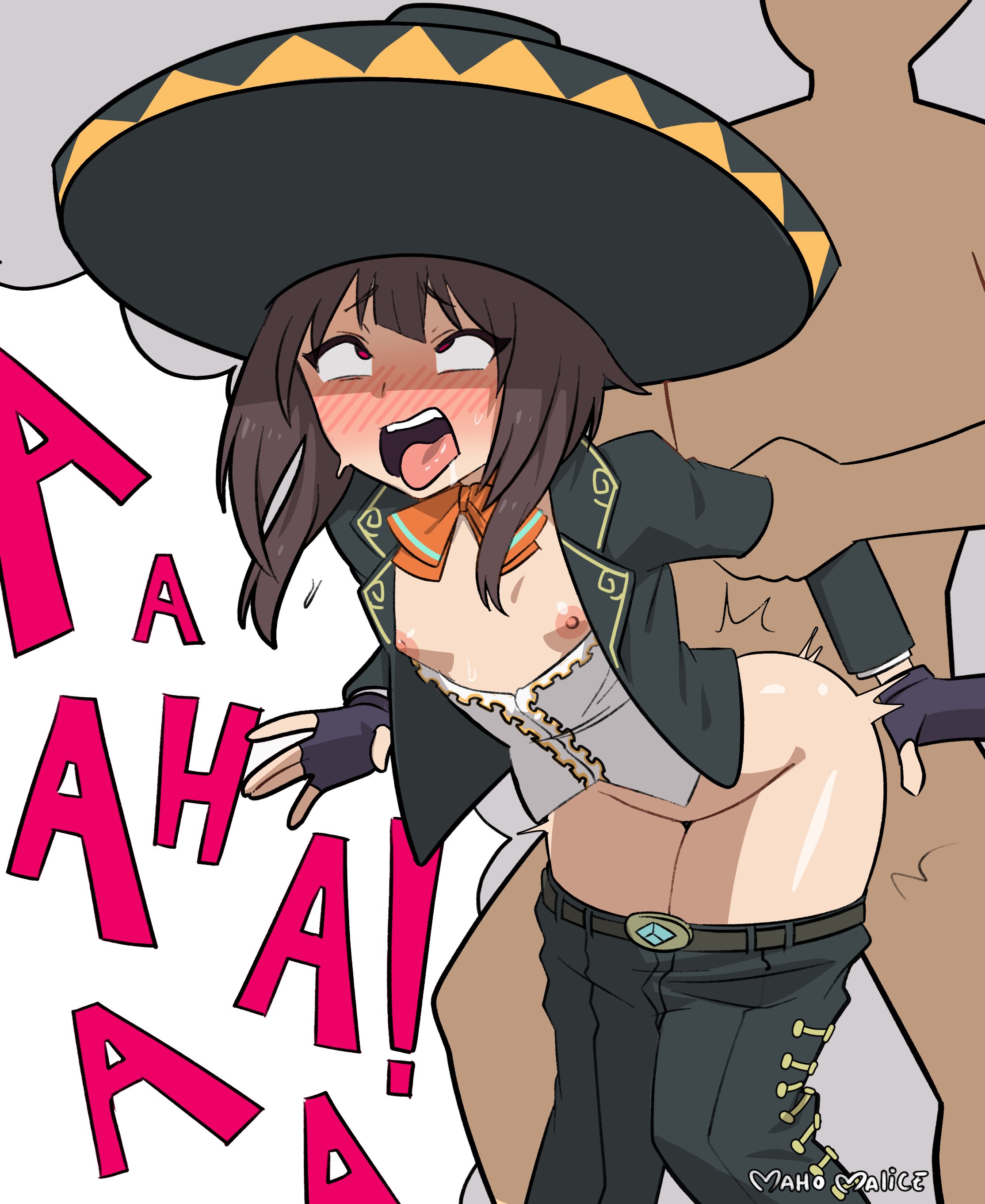 1boy, 1girls, ahe gao, blush, breasts, female, kono subarashii sekai ni shukufuku wo!, maho malice, male, mariachi, megumin, myahogao, penis, penis in pussy, pussy, small breasts, sombrero, thick thighs, tongue, vaginal, vaginal penetration, vaginal sex