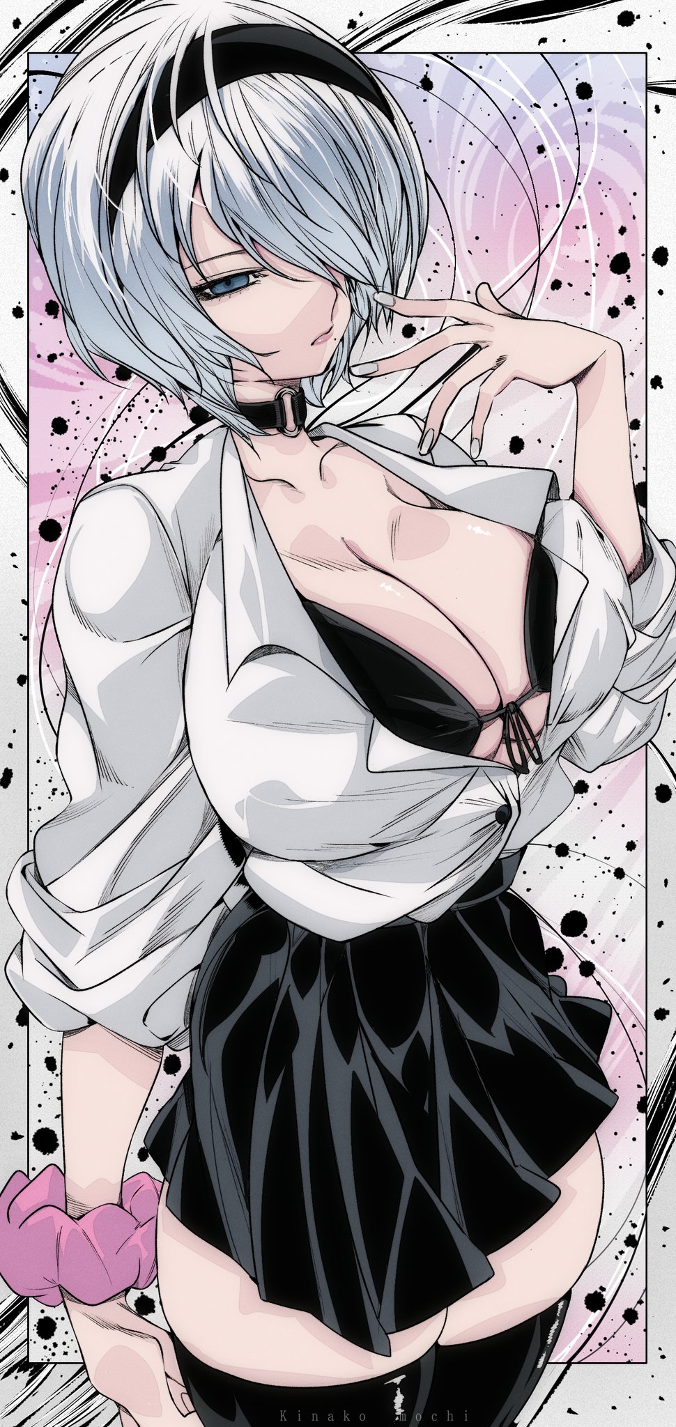 1girls, black bra, black thighhighs, breasts, exposed breasts, female, nier (series), nier: automata, omochi db, school uniform, schoolgirl, short hair, skirt, thighhighs, white eyes, white hair, yorha 2b