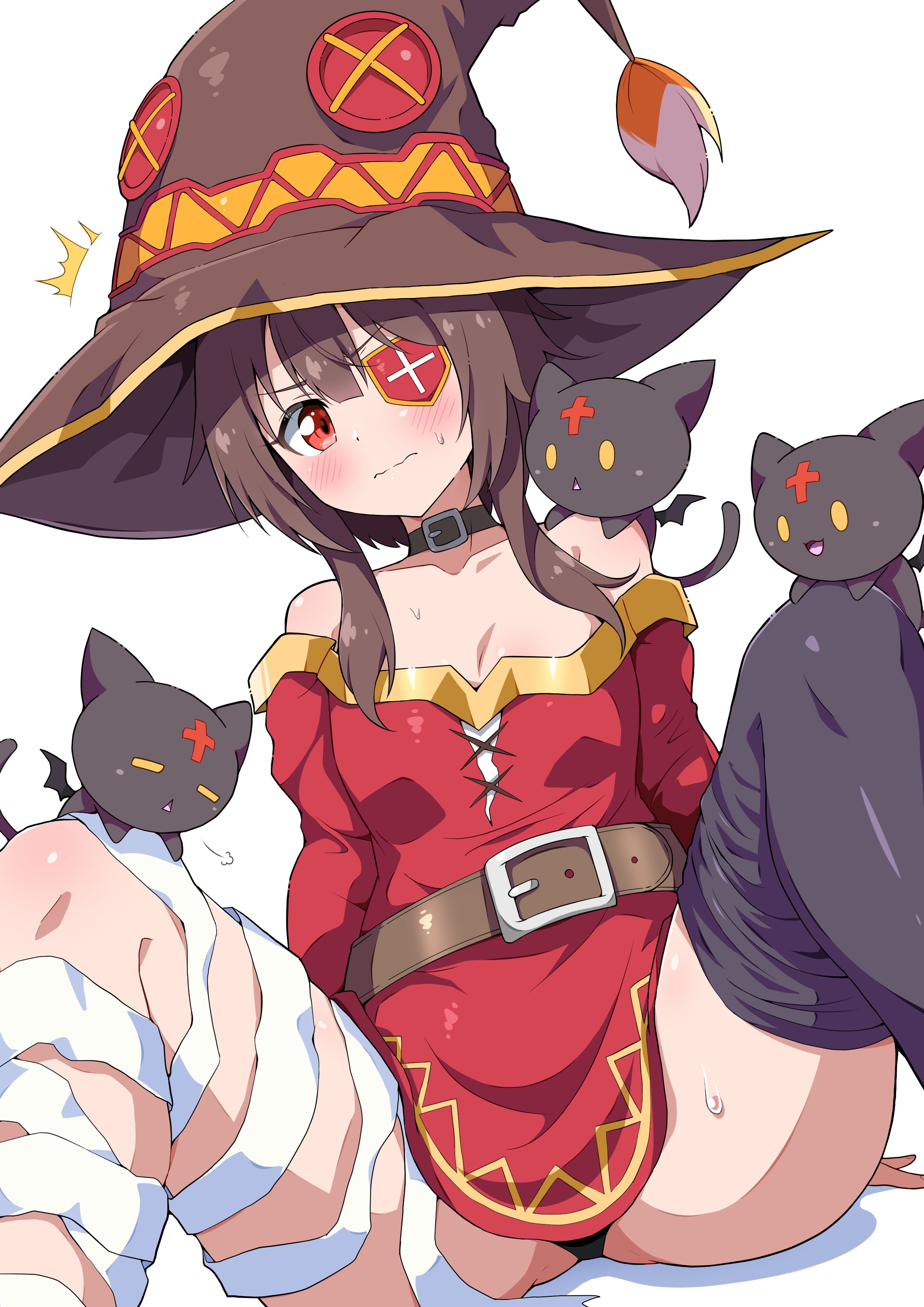 ass, black panties, blush, embarrassed, familiar, kono subarashii sekai ni shukufuku wo!, megumin, ni tamago sando, panties, pantyshot, small breasts, spread legs, sweatdrop, thick thighs, wavy mouth, wide hips