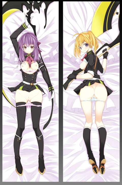 blonde_hair blue_eyes breasts brown_eyes dakimakura_design female hiiragi_shinoa mitsuba_sangu nude owari_no_seraph purple_hair pussy sanguu_mitsuba uncensored weapons