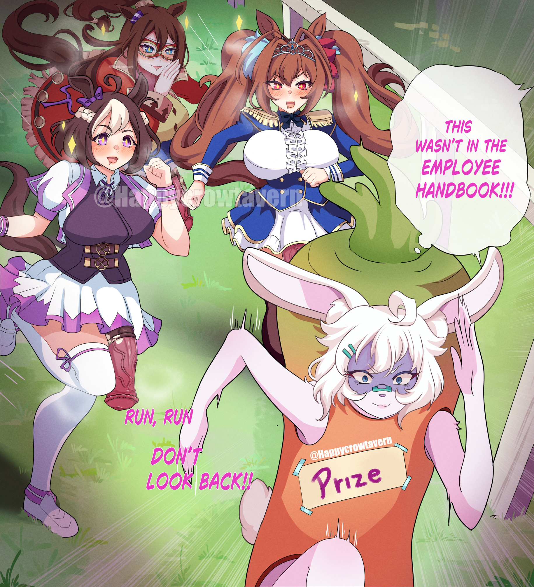 3futas, animal genitalia on humanoid, chasing, daiwa scarlet (umamusume), el condor pasa (umamusume), female, futa with female, futanari, happycrowtavern, horsecock, horsecock futa, horsecock on humanoid, imminent sex, intersex, penis, special week (umamusume), umamusume, umamusume pretty derby