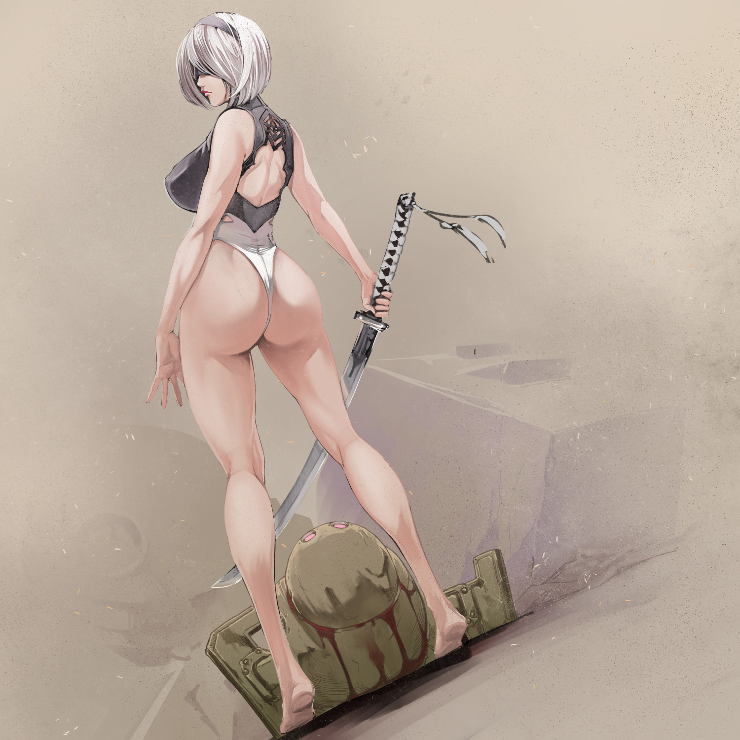 1girls, ass, big ass, black hairband, blindfold, closed mouth, clothing cutout, female, from behind, hair over one eye, hairband, large ass, legs, leotard, misaki yukihiro, nier: automata, short hair, square enix, sword, thong leotard, view between legs, weapon, white hair, yorha 2b