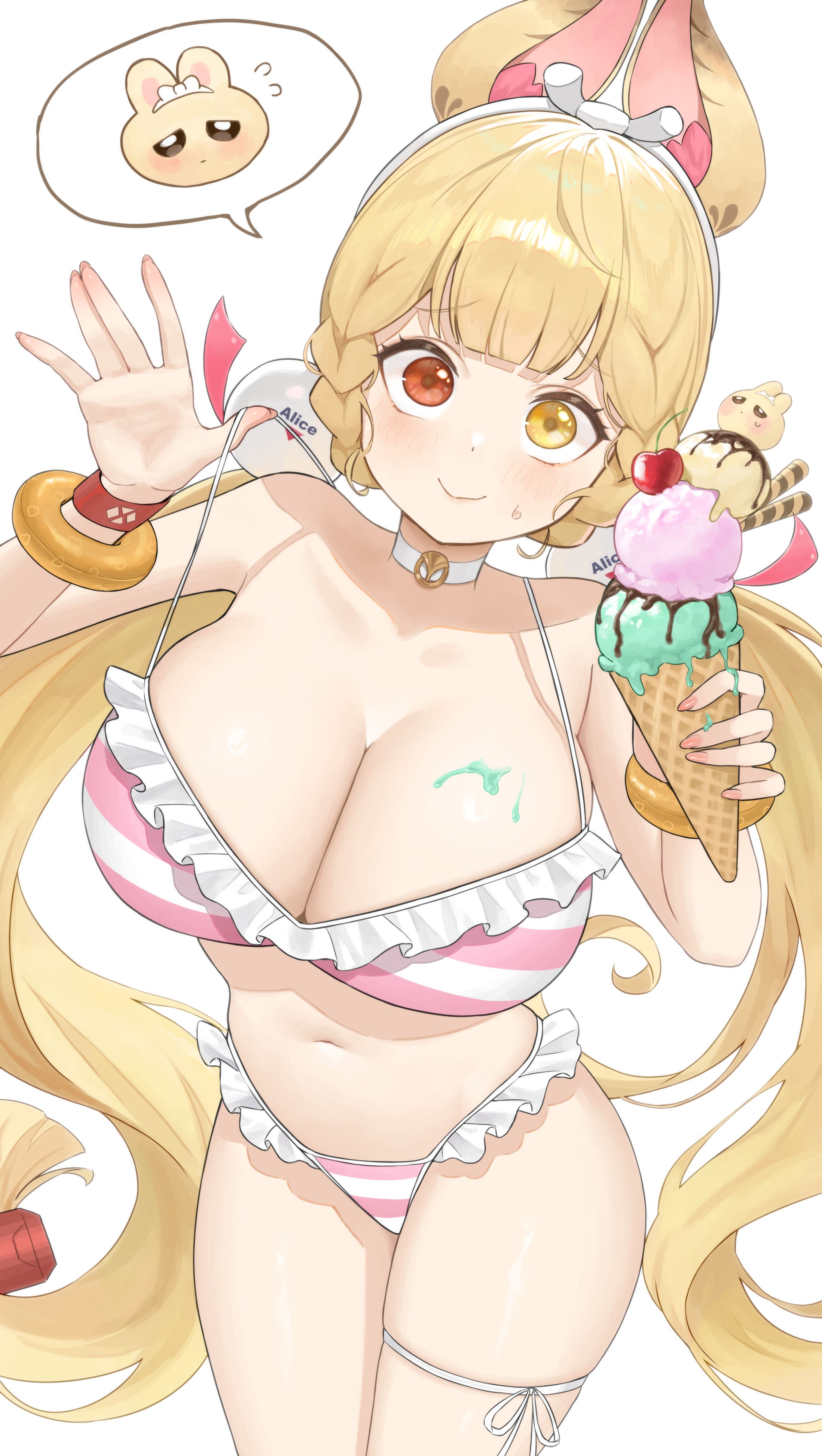 absurdres, alice thymefield, alternate breast size (larger), animal ears, bikini, blonde hair, blush, breasts, choker, dang geun23283, female, food, frilled bikini, frills, hair ornament, heterochromia, highres, holding, holding ice cream cone, ice cream, ice cream cone, large breasts, long hair, looking at viewer, navel, red eyes, simple background, solo, sphere hair ornament, striped bikini, striped clothes, swimsuit, thigh strap, white background, yellow eyes, zenless zone zero