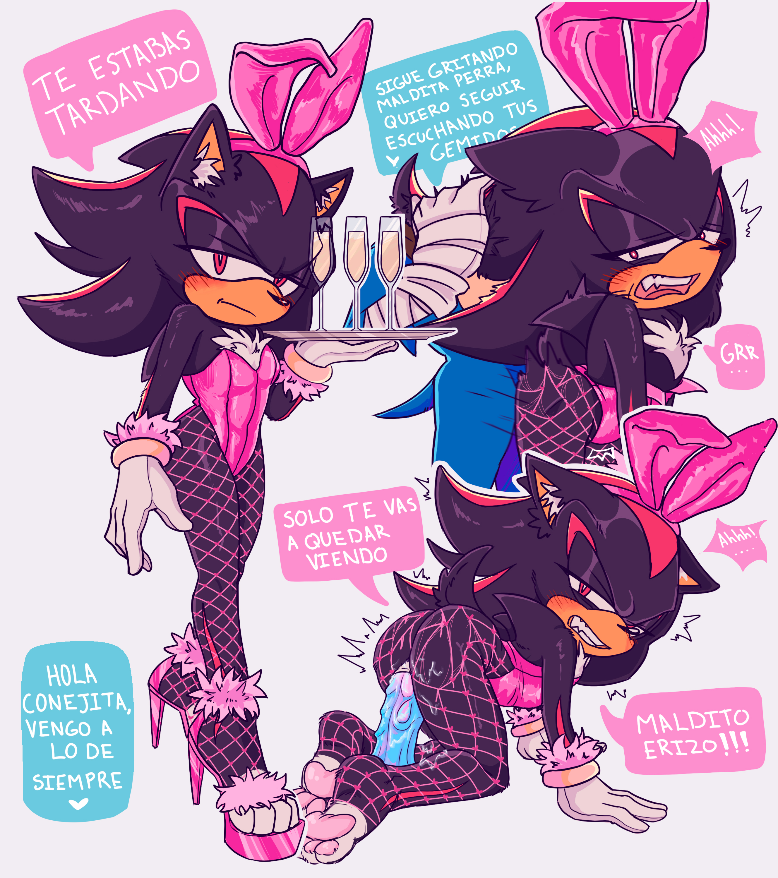 2boys, angry expression, anthro, backshots, bunny ears, bunnysuit, champagne, crossdressing, dialogue, dildo in ass, ear fluff, femboy, fluffy chest, fur, furry, gay, heels, high heels, kitzunn7, male, male only, multiple poses, pawpads, paws, pink heels, shadow the hedgehog, silver platter, sonic (series), sonic boom, sonic the hedgehog, sonic the hedgehog (series), spanish dialogue, spanish text, yaoi