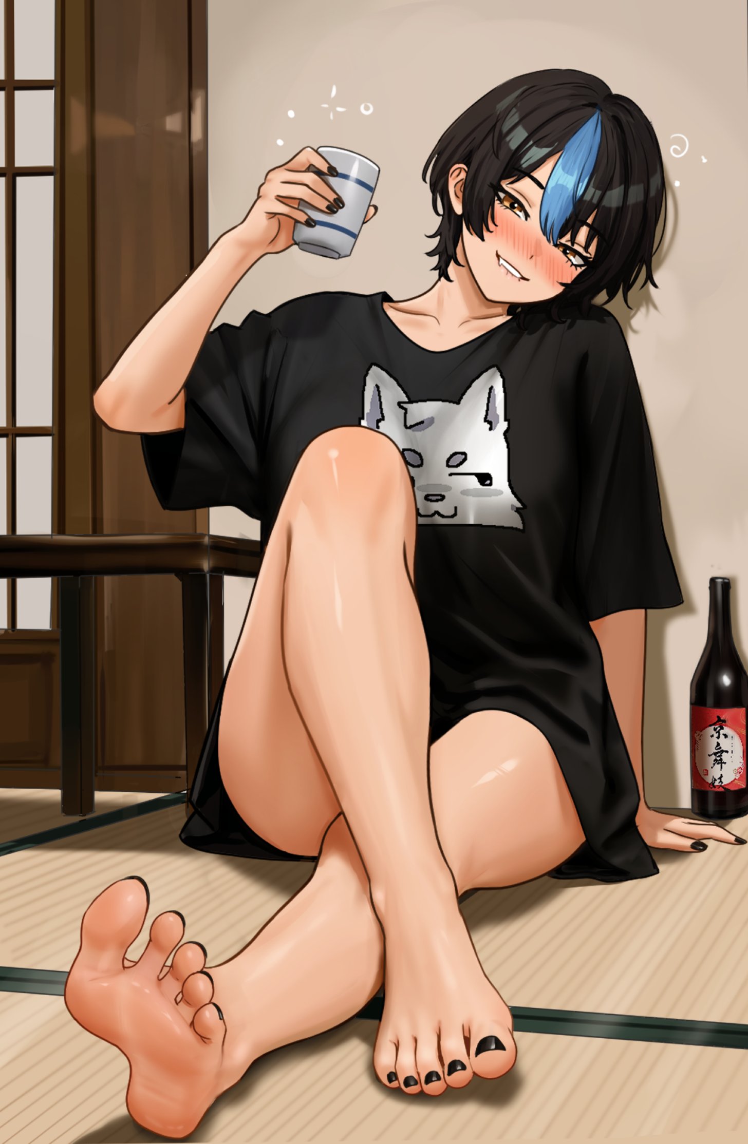 barefoot, biting lip, biting own lip, black toenails, blush, blush lines, blushing at viewer, blushing female, drunk, feet, female, foot focus, legs, looking at viewer, nihu, original character, shiragi (nihu), short hair, soles, thighs, toes, tomboy
