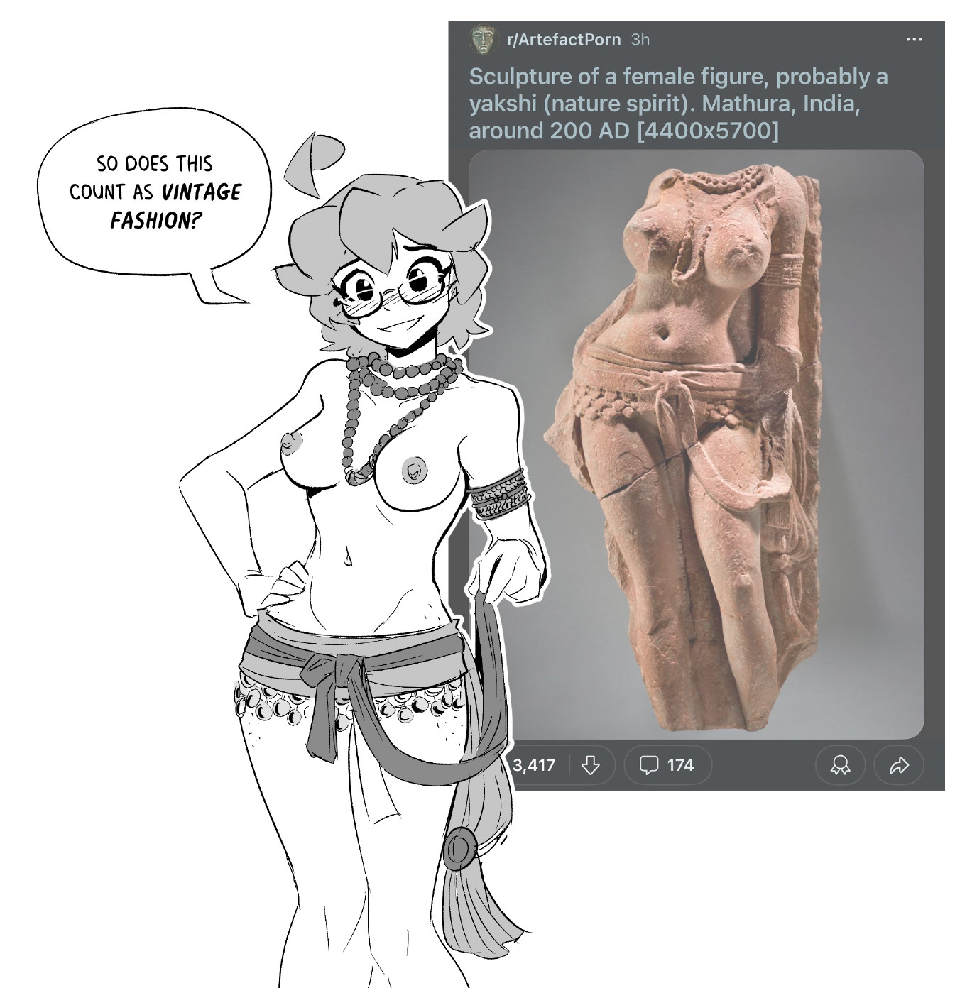 1girls, beads, breasts, eclair (spicymancer), female, fine art parody, glasses, reference image, spicymancer, tagme, topless, yakshi figure sculpture