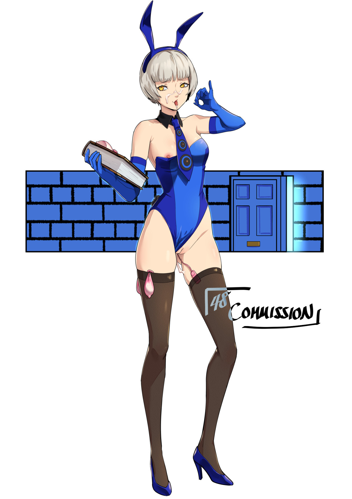 1girls, atlus, book, breasts, breasts out, bunny ears, bunny girl, bunnysuit, commission, condom, cum, cum on face, eightyfourart, elizabeth (persona), female, gloves, hanging condom, multiple condoms, persona, persona 3, persona 3 reload, pussy, solo, solo focus, thighhighs, vibrator, white hair, yellow eyes