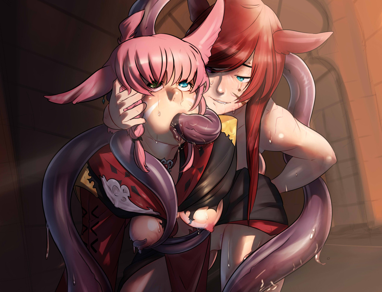 2girls, bent over, breasts, brown hair, cat ears, cat girl, facial marks, female, final fantasy, final fantasy xiv, heterochromia, john doe, long hair, miqo'te, multiple females, multiple girls, nipples, oral insertion, pink hair, sabrith ebonclaw, saliva, short hair, sweat, tayelle ebonclaw, tentacle, torn clothes, yuri