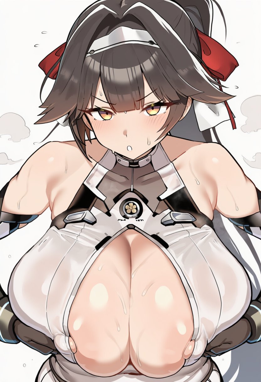 1girls, ai generated, armwear, azur lane, big breasts, black hair, blush, breasts, breasts bigger than head, cleavage, female, grabbing own breast, looking at viewer, nipples, nipples visible through clothing, ponytail, red ribbon, ribbon, ribbon in hair, shoulders, solo female, takao (azur lane), white background, wumiai, yellow eyes