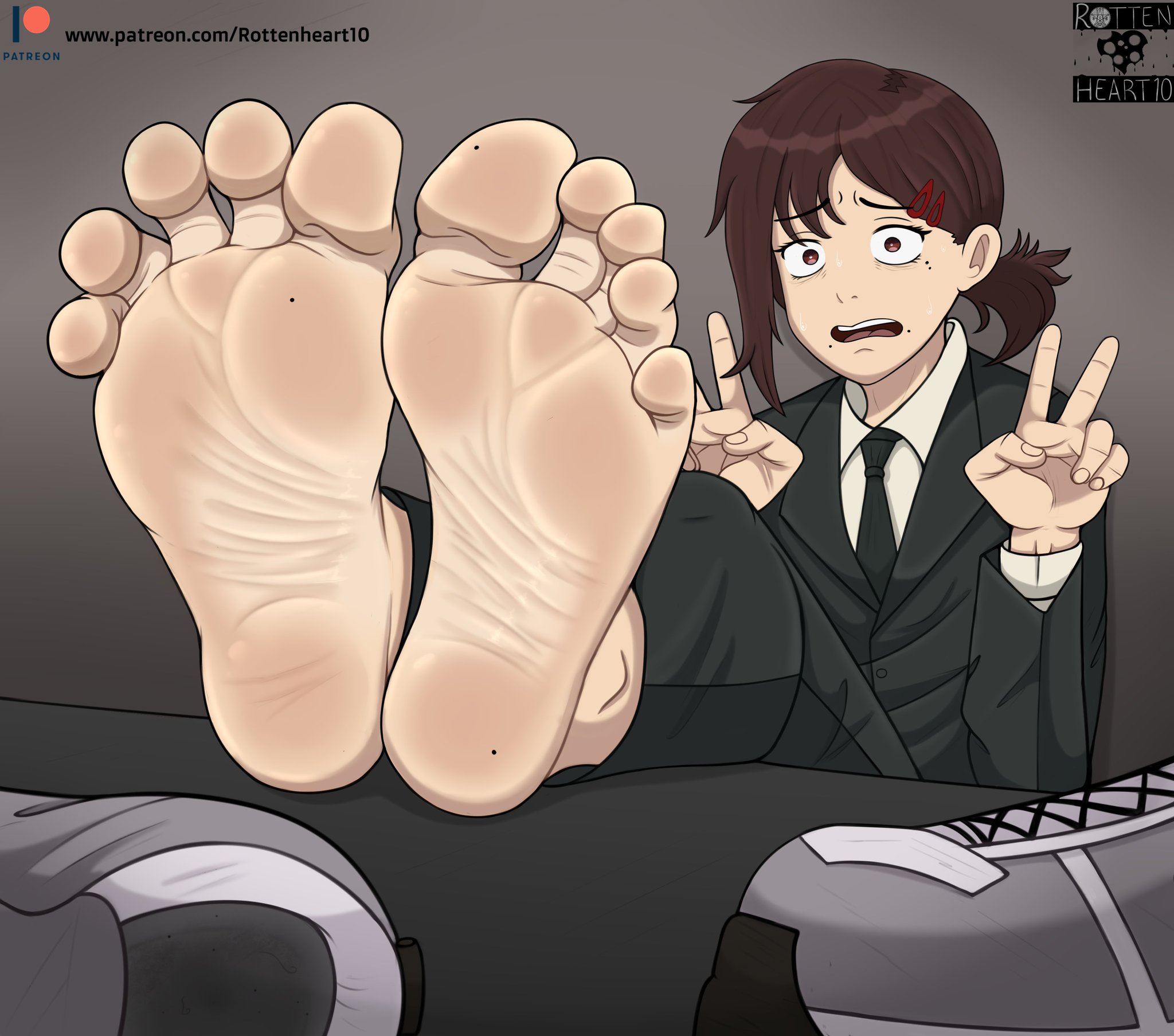1girls, 2d, anxious, artist name, barefoot, barefoot under trousers, big feet, brown hair, chainsaw man, clothed, clothing, color, feet, feet focus, feet up, female, foot fetish, foot focus, full color, fully clothed, higashiyama kobeni, human, no penetration, peace sign, ponytail, rottenheart10, shoes, shoes removed, soles, solo, solo female, suit