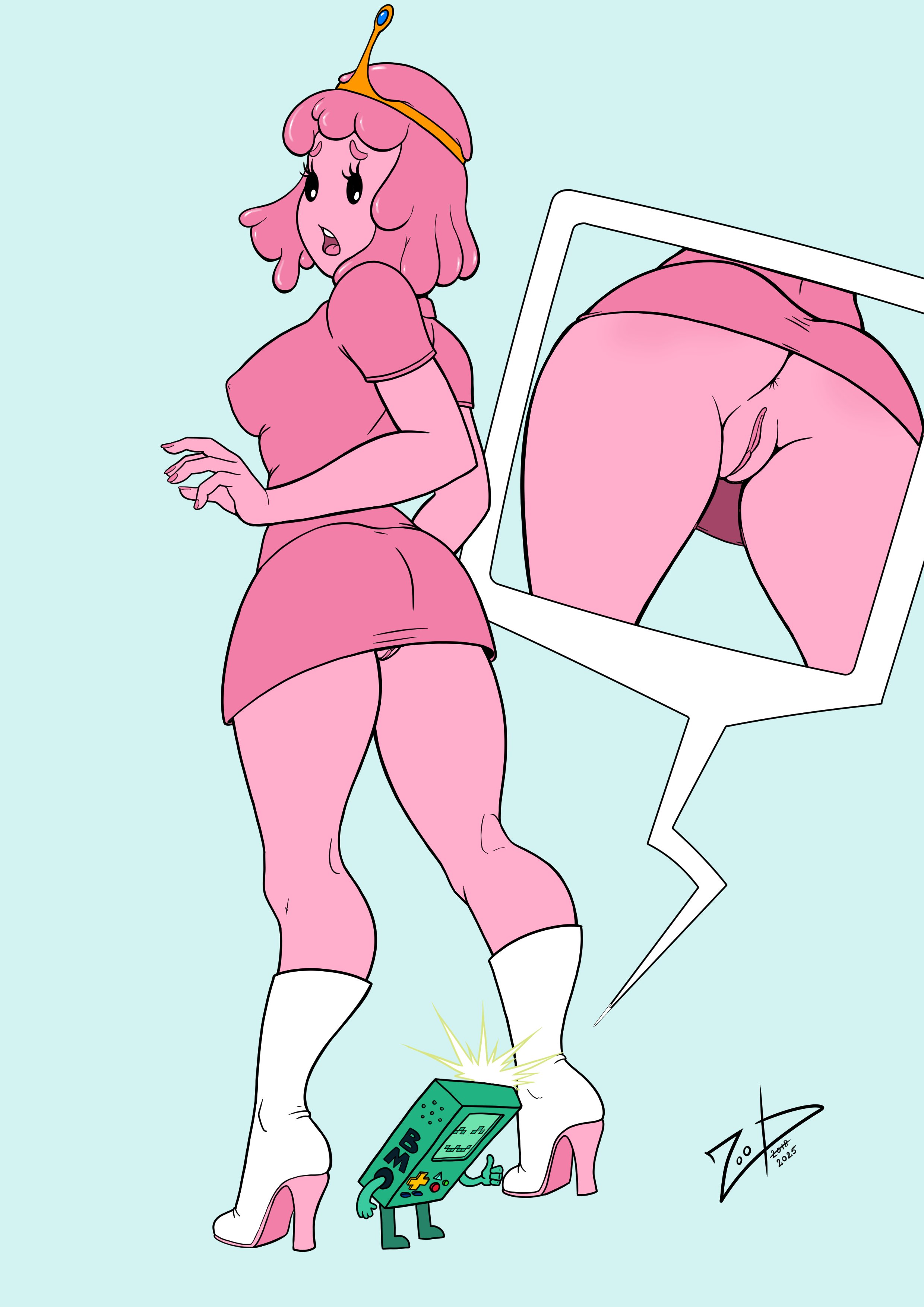 1boy, 1girls, adventure time, anus, artist signature, ass, bmo, breasts, crown, dress, female, female focus, high heels, male, no panties, pink dress, pink hair, pink skin, princess bubblegum, pussy, simple background, solo focus, thighs, upskirt, zoobastik