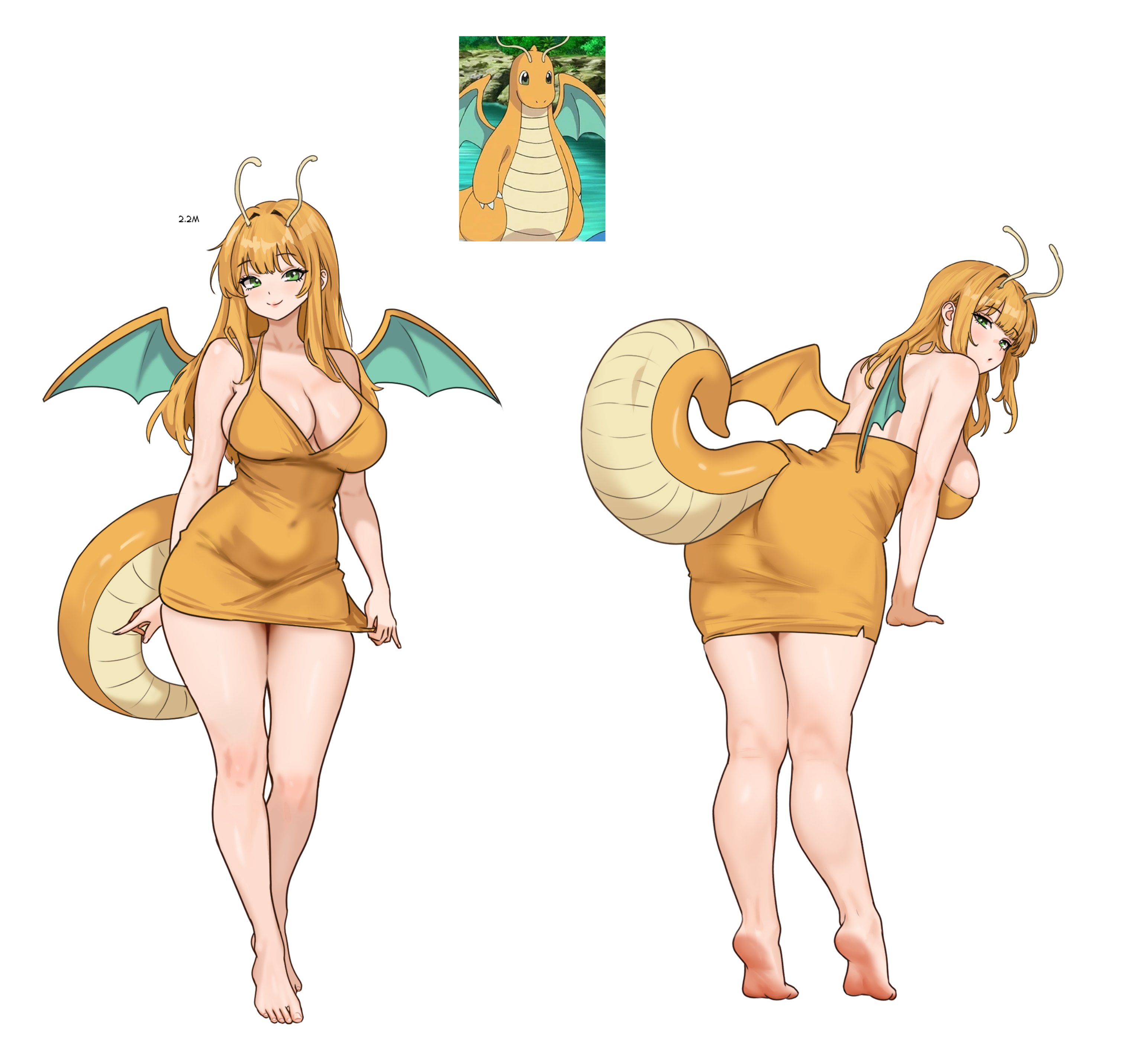 1female, 1girls, barefoot, big breasts, blonde female, blonde hair, blonde hair female, blonde-haired female, breasts, dragonite, dress, feet, female, female only, green eyes, looking at viewer, nihu, pokemon, soles, tail, thick thighs, thighs, wings