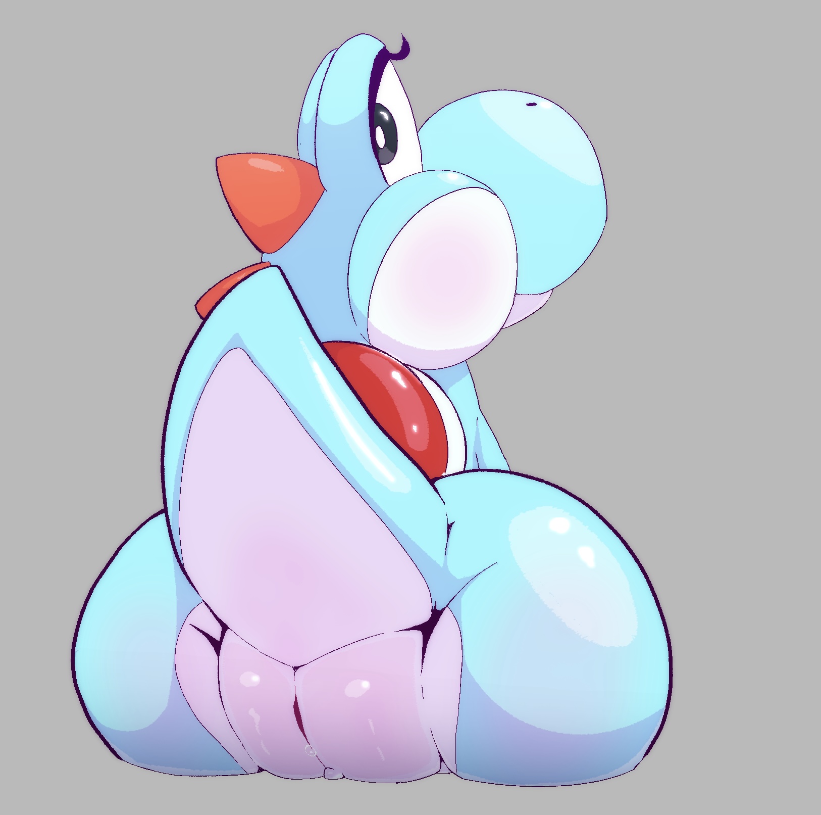 1girls, 2025, ass focus, big ass, big butt, big pussy, cyan yoshi, female, female focus, female only, light blue yoshi, looking at viewer, looking back, mario (series), othervoices, plump labia, puffy pussy, pussy, self upload, sitting, super mario bros. wonder, tail, yoshi