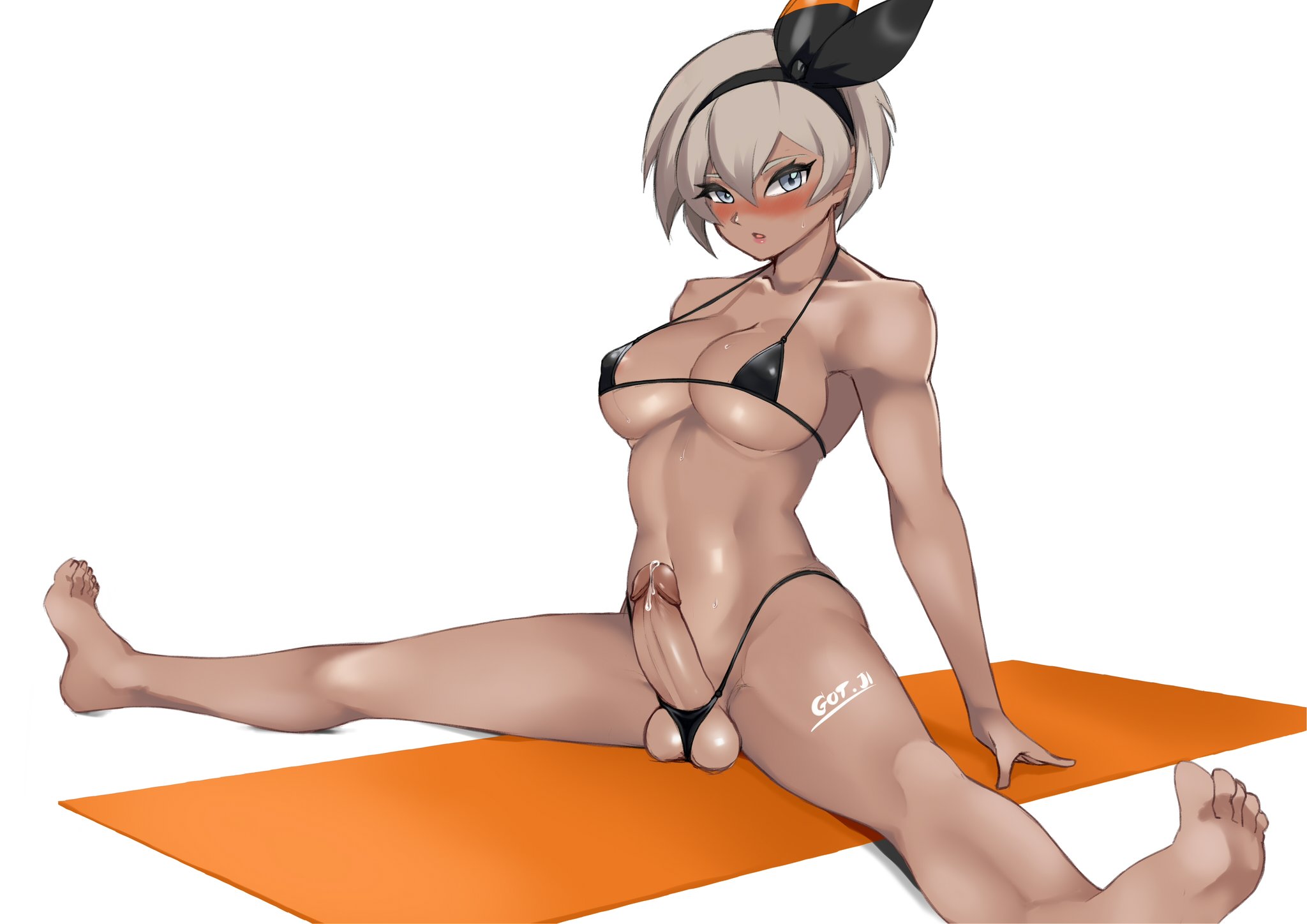 1futa, 2022, alternate version available, balls, balls bulge, balls in panties, balls under clothes, bea (pokemon), big breasts, bikini, bikini bottom, bikini top, black bikini, blush, breasts, cleavage, clothed, clothing, dark skin, dark-skinned futa, dickgirl, erection, feet, fit, futa only, futanari, game freak, gojich1, grey eyes, grey hair, hair, headwear, human, intersex, large breasts, lips, mostly nude, nintendo, panties, panty bulge, penis, penis out, pokemon, pokemon ss, precum, short hair, sitting, small clothes, small panties, solo, solo futa, splits, swimsuit, swimwear, testicles, thighs