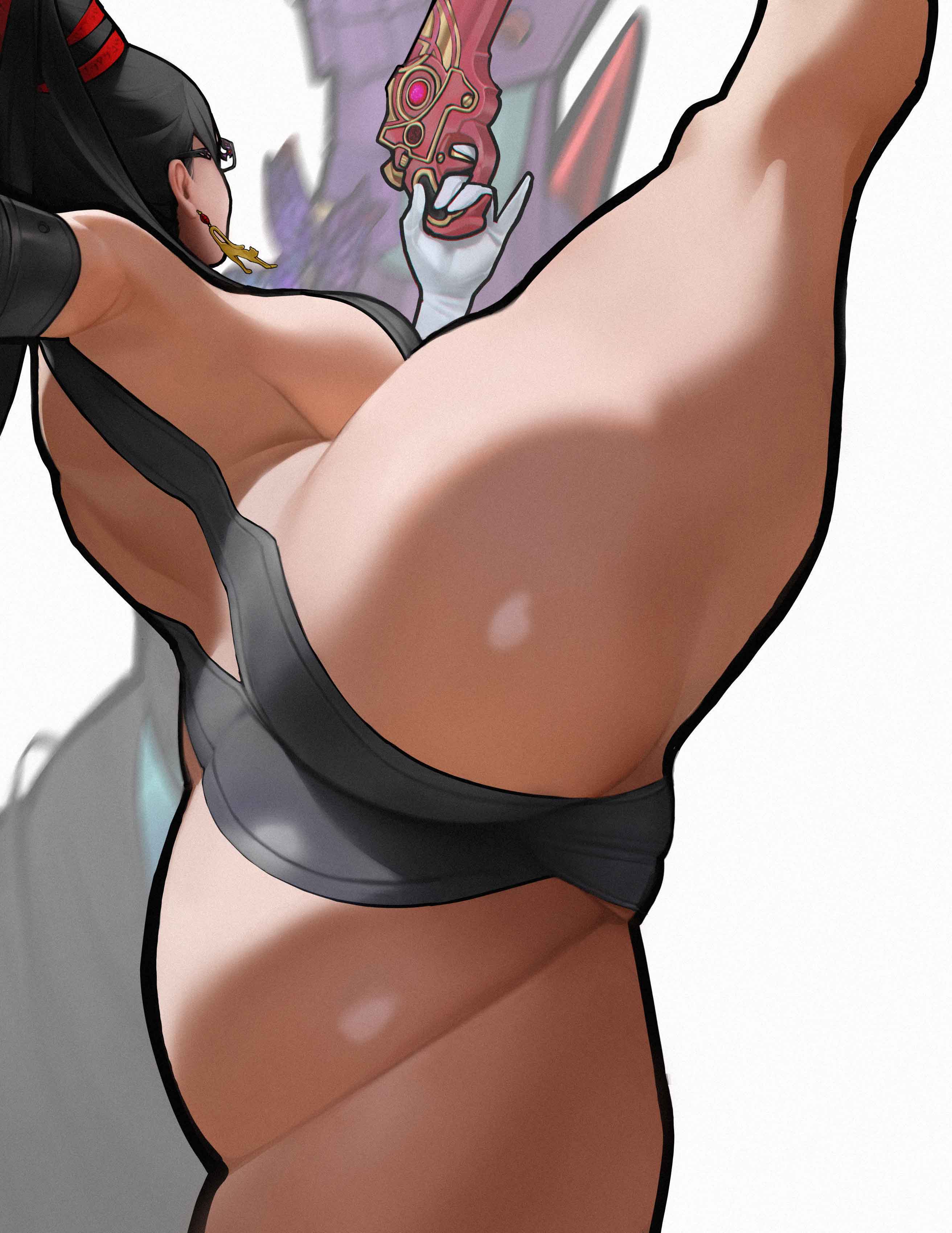 1girls, ass, bayonetta, bayonetta (character), black hair, earrings, elbow gloves, female, female only, from behind, glasses, hair ribbon, huge ass, large breasts, leg lift, long hair, sideboob, simple background, solo, spiralnoww, thick thighs, white background, white gloves