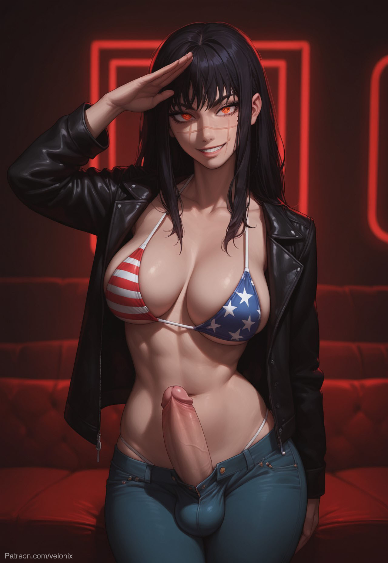 1futa, abs, ai generated, american flag, american flag bikini, armpits, ass, balls, big ass, big breasts, big butt, big hips, big penis, bikini, bikini bottom, bikini top, black hair, breasts, chainsaw man, cleavage, dick, dickgirl, eyebrows, eyelashes, futa only, futanari, grin, grinning, grinning at viewer, hair, hands-free, huge cock, indoors, intersex, jacket, jeans, leather, leather jacket, lips, long hair, looking at viewer, makeup, mitaka asa, narrow waist, narrowed eyes, nose, orange eyes, pants, penis, red eyes, salute, scar, scar on face, scars, seducing, seductive, seductive eyes, seductive gaze, seductive look, seductive mouth, seductive pose, seductive smile, smile, smile at viewer, smiley face, smooth balls, smooth penis, smooth skin, solo, solo dickgirl, solo focus, solo futa, testicles, velonix, yellow eyes, yoru (chainsaw man)