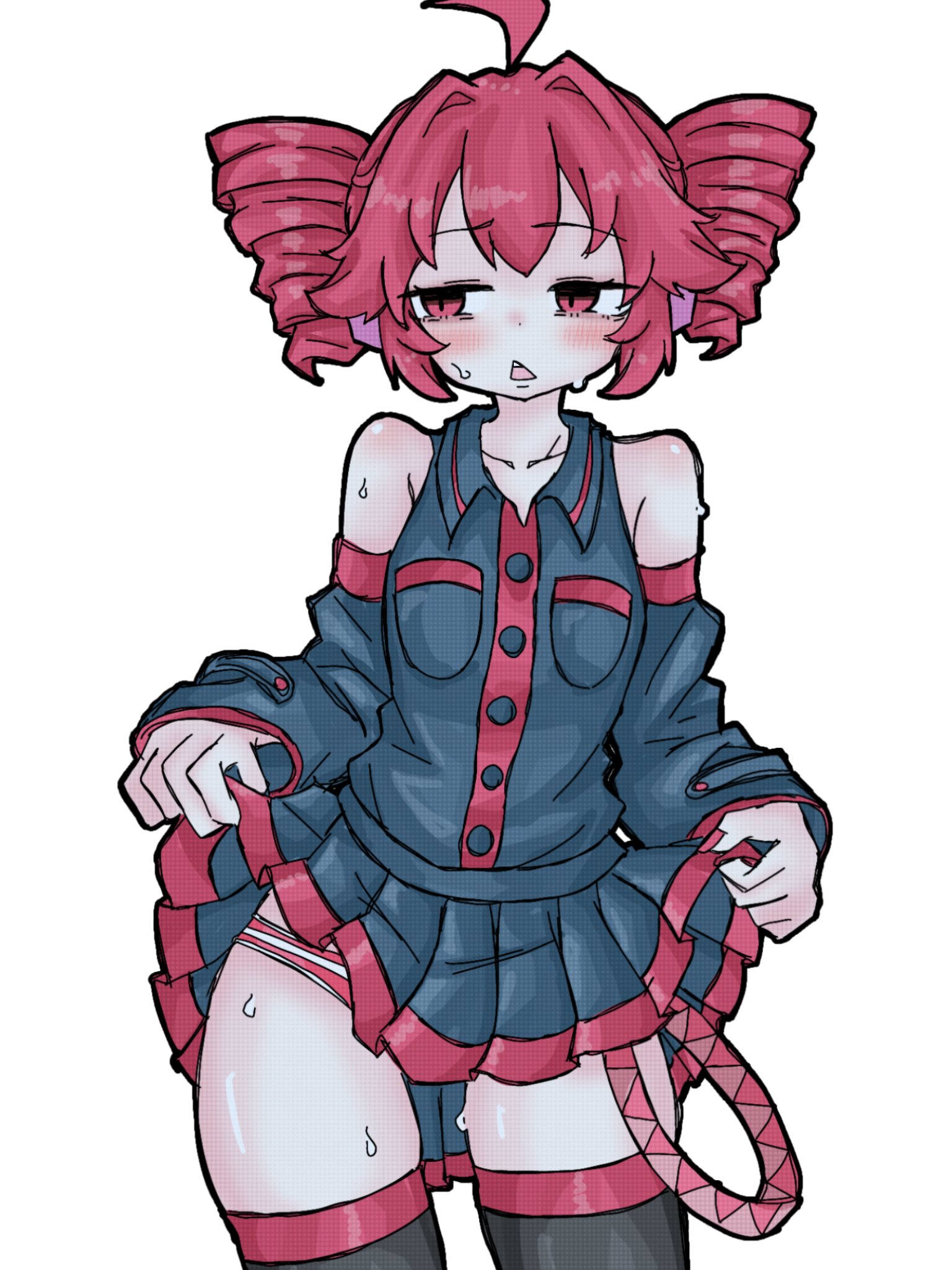 1girls, 2d, 2d (artwork), belt, big thighs, blush, clothed, clothed female, clothing, detached sleeves, embarrassed, embarrassed female, female, female only, flashing, flashing panties, fully clothed, kasane teto, large thighs, looking to the side, nervous, open mouth, panties, panty peek, pantyshot, petite, petite body, petite female, red eyes, red hair, shiny skin, simple background, skinny, skinny female, skirt, skirt lift, skirt lifted by self, slim girl, slim waist, solo, solo female, striped panties, sweat, sweating, sweating profusely, sweaty, thick thighs, thighhighs, thighs, triangle mouth, tukemono6500, twin drills, utau, white background, wide hips