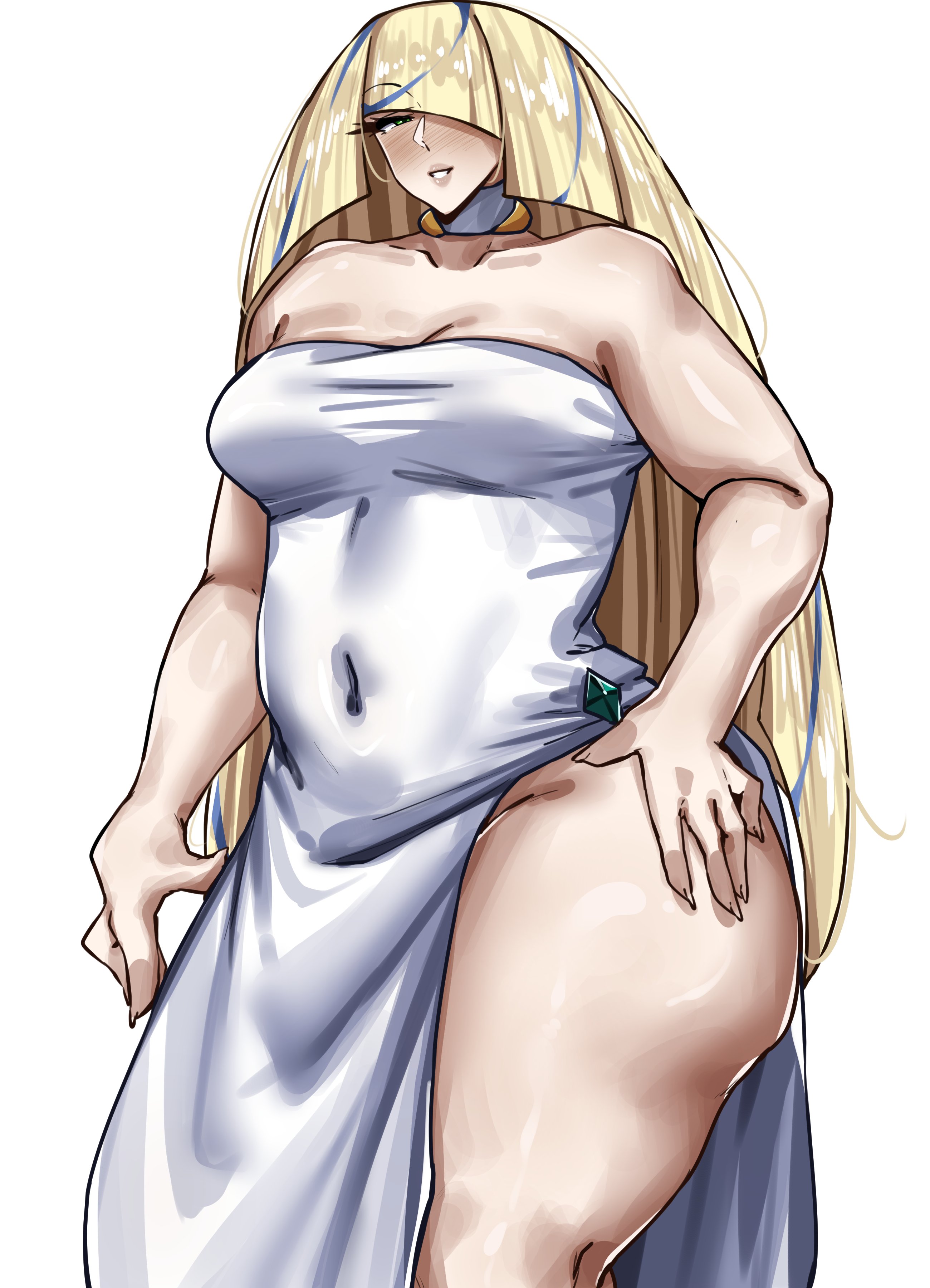 alternate breast size, blonde hair, breasts, breasts bigger than head, casual nudity, censored, clothed, clothing, female, fully clothed, game freak, huge breasts, human, human female, human only, light skin, light-skinned female, lusamine (pokemon), nintendo, nipples visible through clothing, no bra, omikami, pixiv link, pokemon, pokemon sm, solo, teamwork, unrealistic proportions, white background