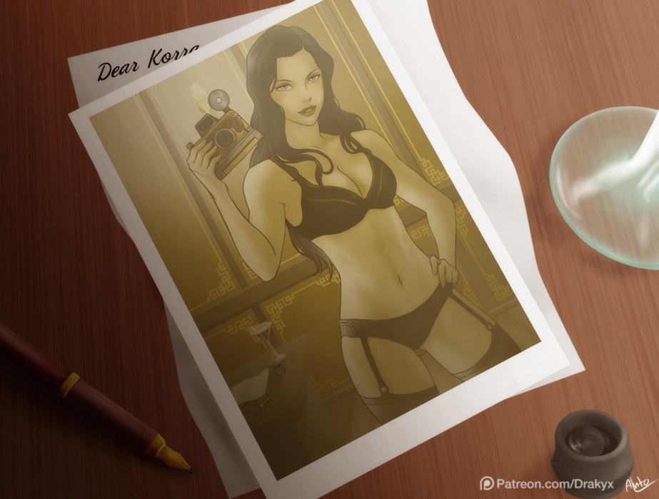 1girls asami_sato avatar_the_last_airbender black_hair bra camera canon_couple cleavage drakyx female garter_straps hand_on_hip lingerie long_hair medium_breasts navel panties selfie smooth_skin standing stockings the_legend_of_korra thighhighs