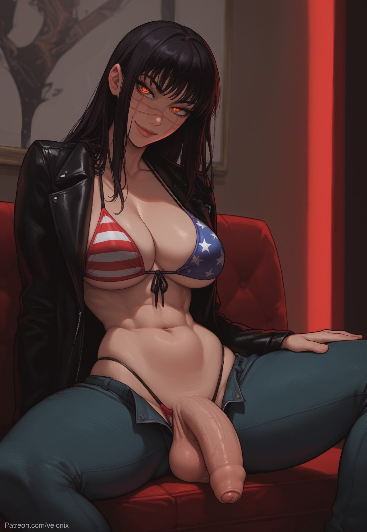 1futa, abs, ai generated, american flag, american flag bikini, ass, balls, big ass, big breasts, big butt, big hips, big penis, bikini, bikini bottom, bikini top, black hair, breasts, chainsaw man, cleavage, dick, dickgirl, eyebrows, eyelashes, flaccid, flaccid penis, foreskin, futa only, futanari, grin, grinning, grinning at viewer, hair, hands-free, huge cock, indoors, intersex, jacket, jeans, leather, leather jacket, lips, long hair, looking at viewer, makeup, mitaka asa, narrow waist, narrowed eyes, nose, orange eyes, pants, penis, red eyes, scar, scar on face, scars, seducing, seductive, seductive eyes, seductive gaze, seductive look, seductive mouth, seductive pose, seductive smile, sitting, smile, smile at viewer, smiley face, smooth balls, smooth penis, smooth skin, solo, solo dickgirl, solo focus, solo futa, testicles, uncircumcised, velonix, yellow eyes, yoru (chainsaw man)
