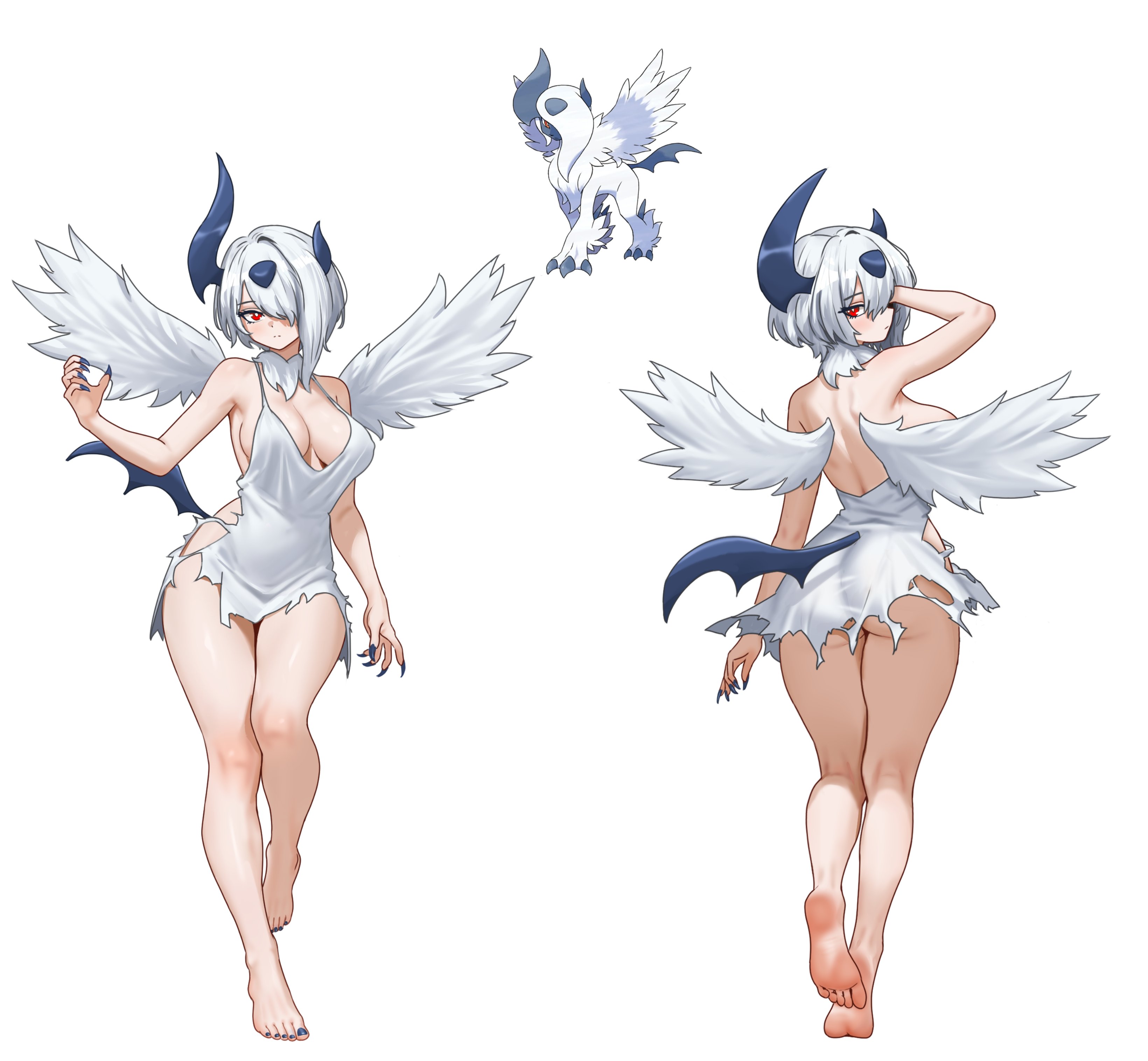 1female, 1girls, absol, barefoot, feet, female, female only, gijinka, humanized, looking at viewer, looking back, mega absol, mega evolution, nihu, pokemon, red eyes, soles, thick thighs, thighs, white hair, wings