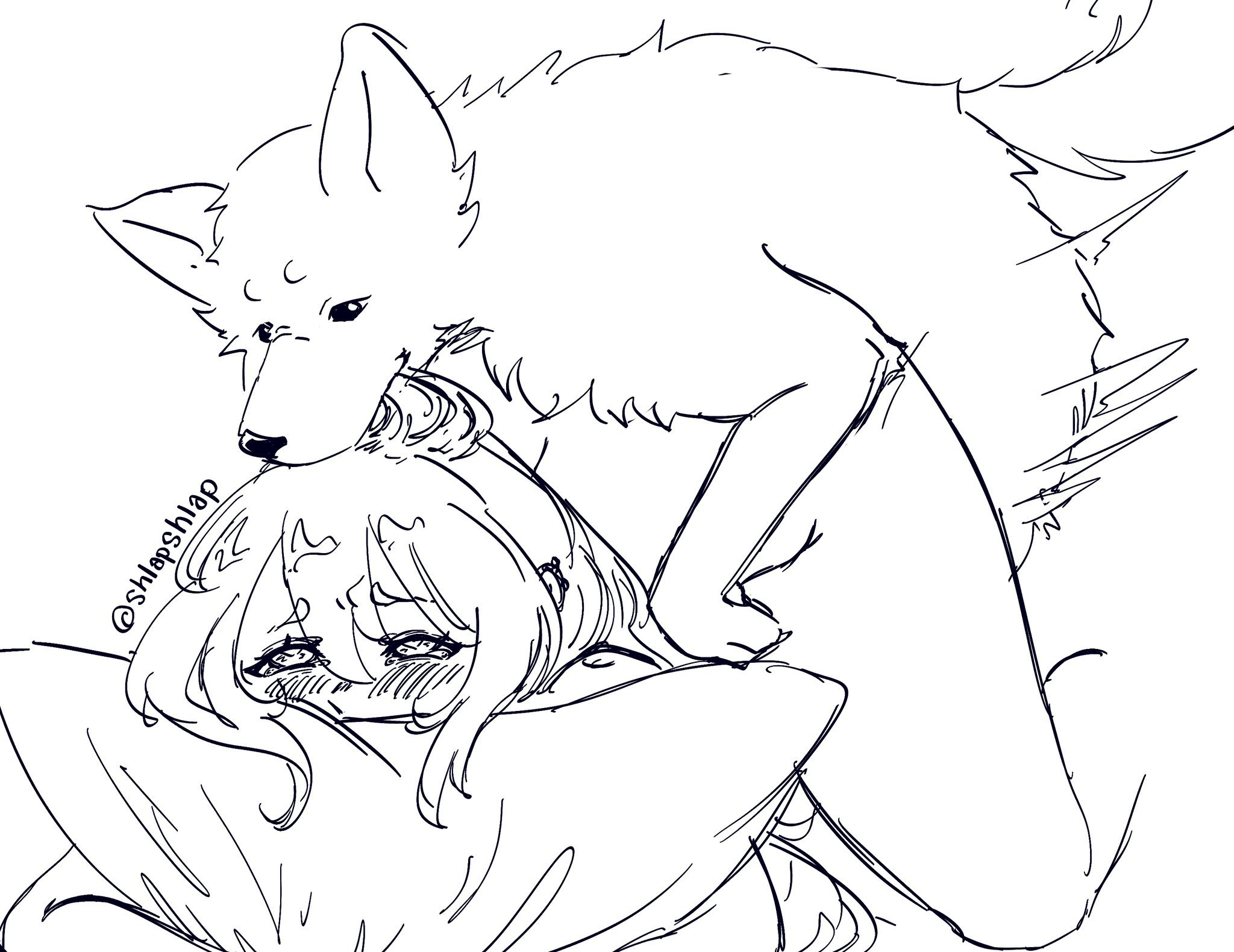 ambiguous penetration, bestiality marriage, biting hair, canine, doggy style, female, feral, feral dominating human, feral on female, feral on human, feral penetrating, feral penetrating human, from behind, line art, male, married couple, married to feral, penetration, penis, penis in pussy, pillow, pussy, shlapshlap, submissive female, zoophilia