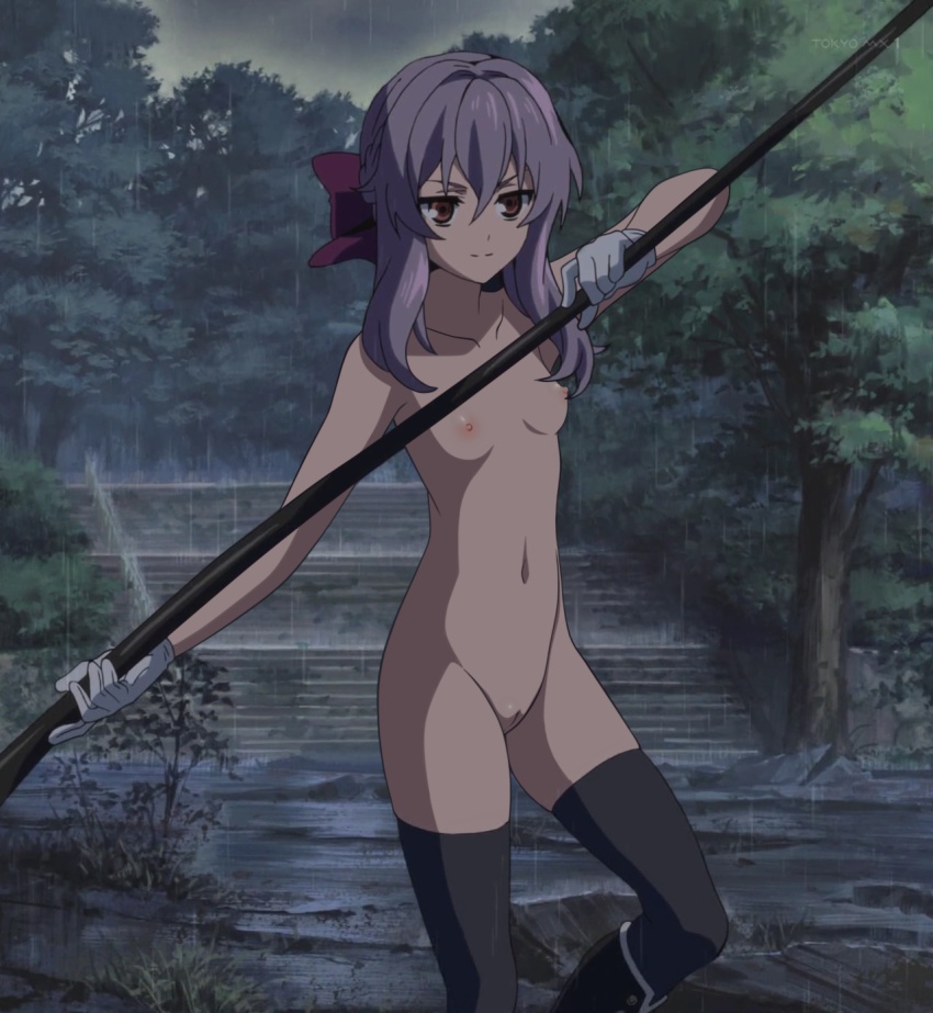 breasts, brown eyes, edit, female, hiiragi shinoa, nude filter, owari no seraph, purple hair, pussy, rain, small breasts, tagme, tagme (artist), uncensored
