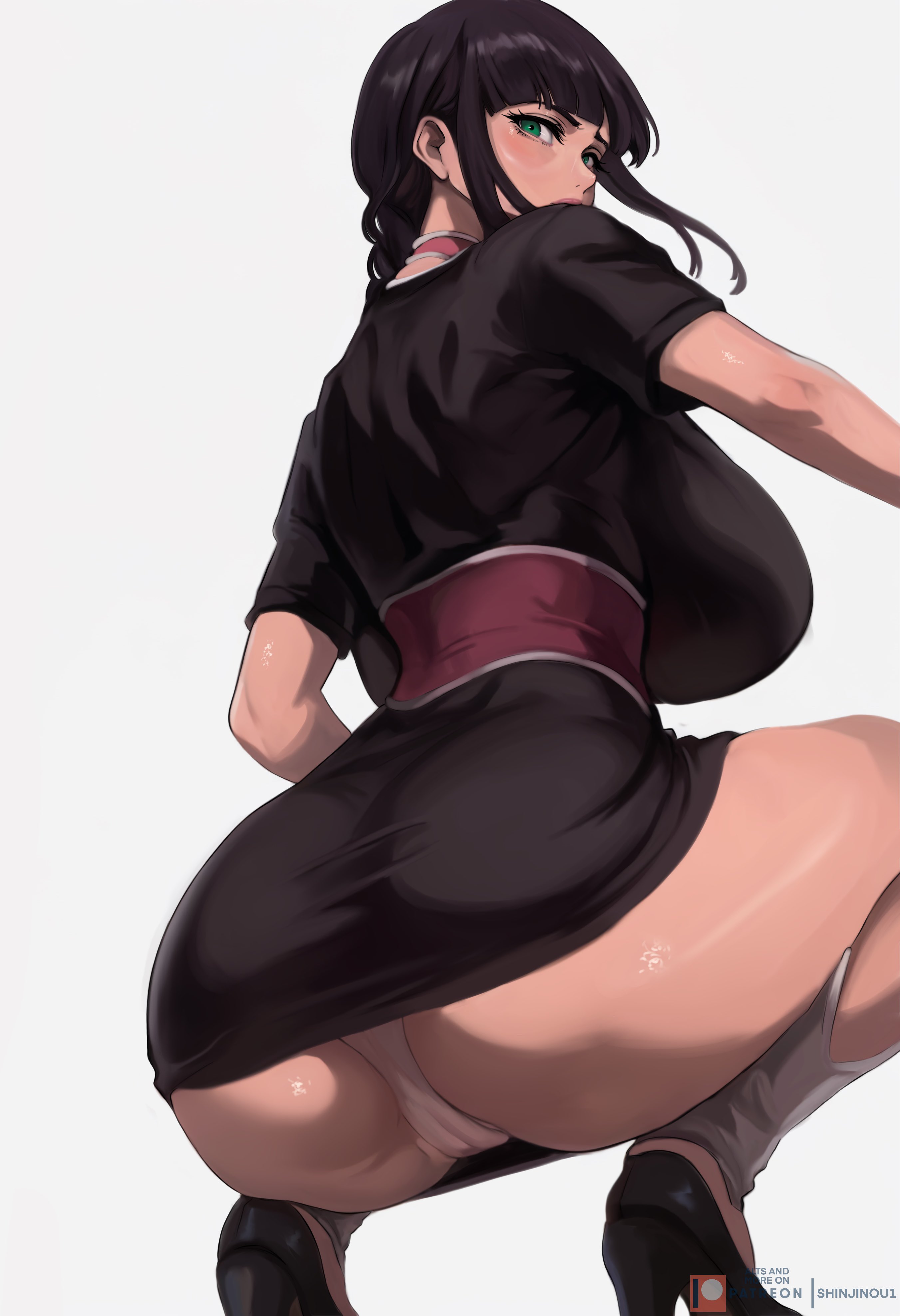 1girls, ass, ass focus, ass hanging out, ass hanging out of skirt, big ass, big breasts, black eyes, black hair, bleach, breasts, crouching, crouching female, female, female only, huge breasts, kurotsuchi nemu, light-skinned female, long hair, pantyshot, pantyshot (squatting), ponytail, shinjinou, sideboob, solo, underwear, upskirt, white underwear
