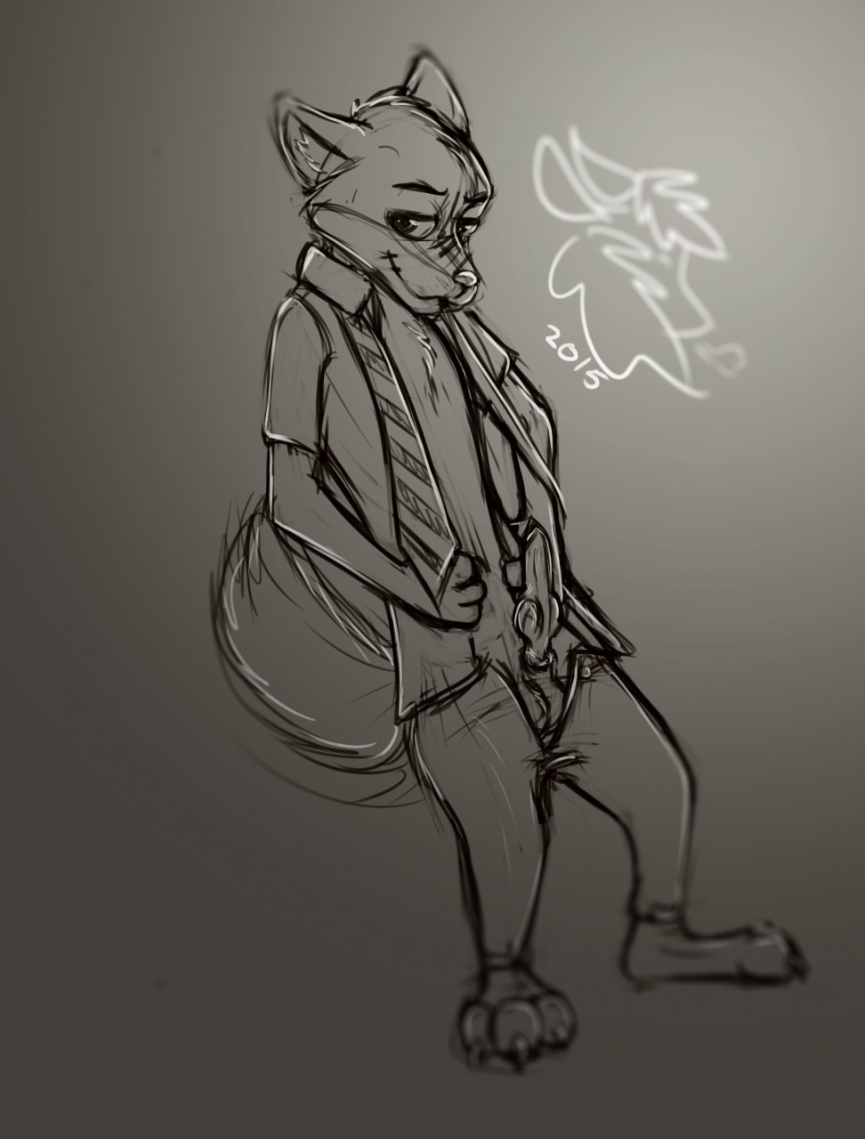 1boy 2015 anthro black_and_white canine clothing disney fox fur furry kazzyboii male male_only mammal monochrome nick_wilde penis sketch solo testicles zootopia