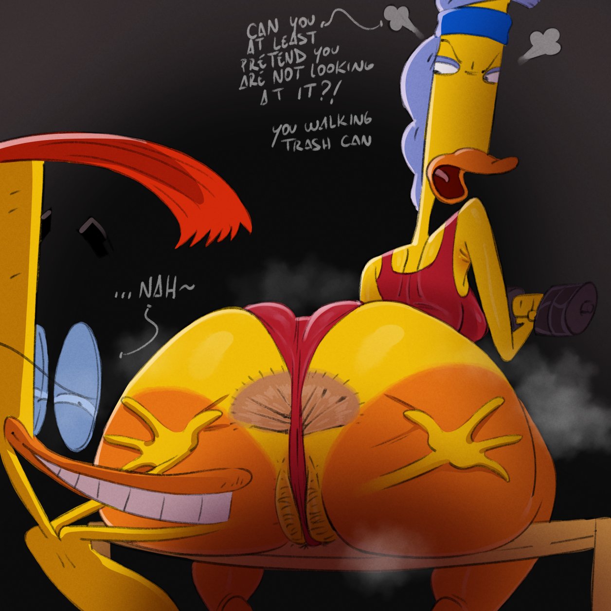1boy, 1girls, anthro, anus, avian, avian humanoid, bernice florence hufnagel (duckman), bernice hufnagel, big ass, big butt, duck, duckman, eric duckman, female, female focus, glasses, humanoid, leotard, male, pokachu (artist), spreading anus, thong over anus