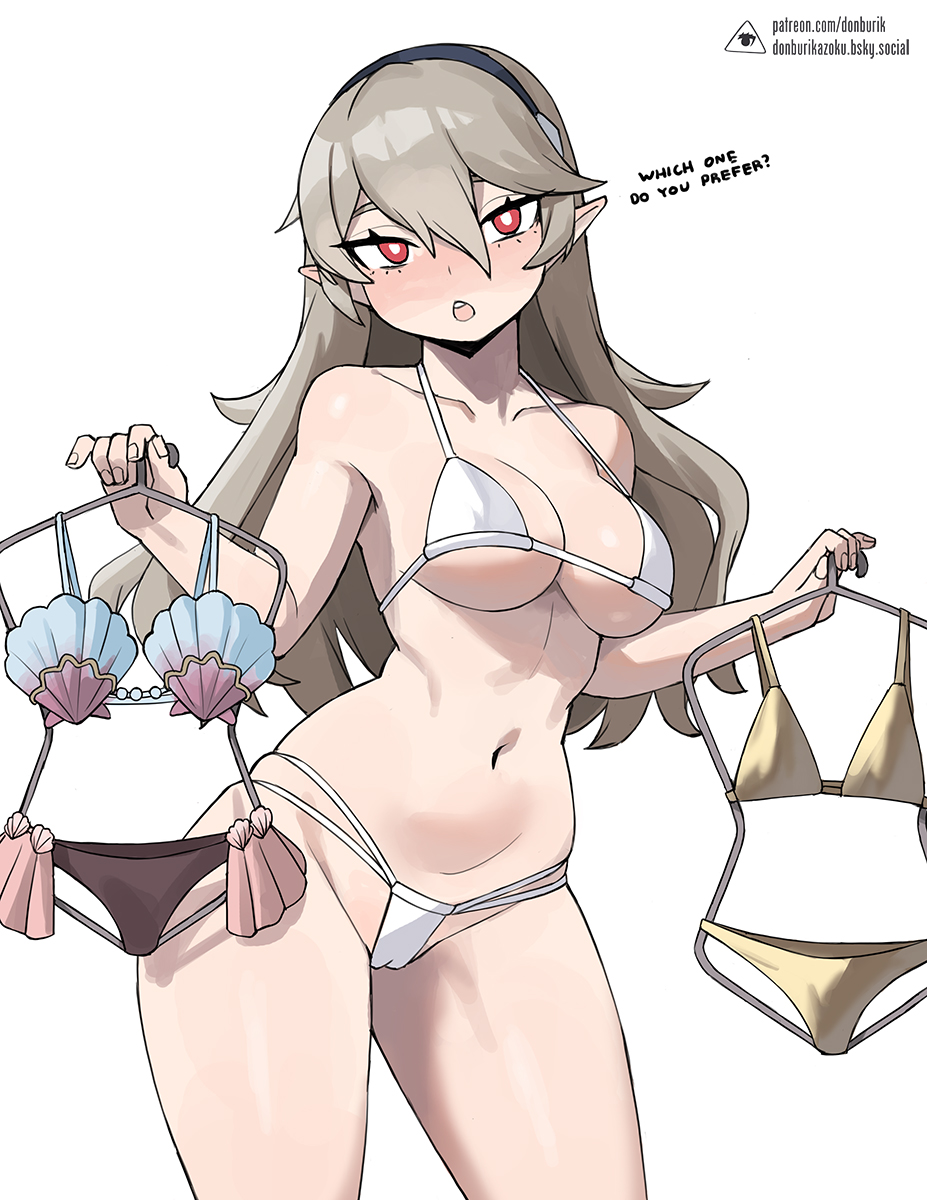 bikini, blush, breasts, cameltoe, corrin (fire emblem), corrin (fire emblem) (female), donburikazoku, female, fire emblem, fire emblem fates, nintendo, platinum blonde hair, red eyes, solo, talking to viewer, underboob