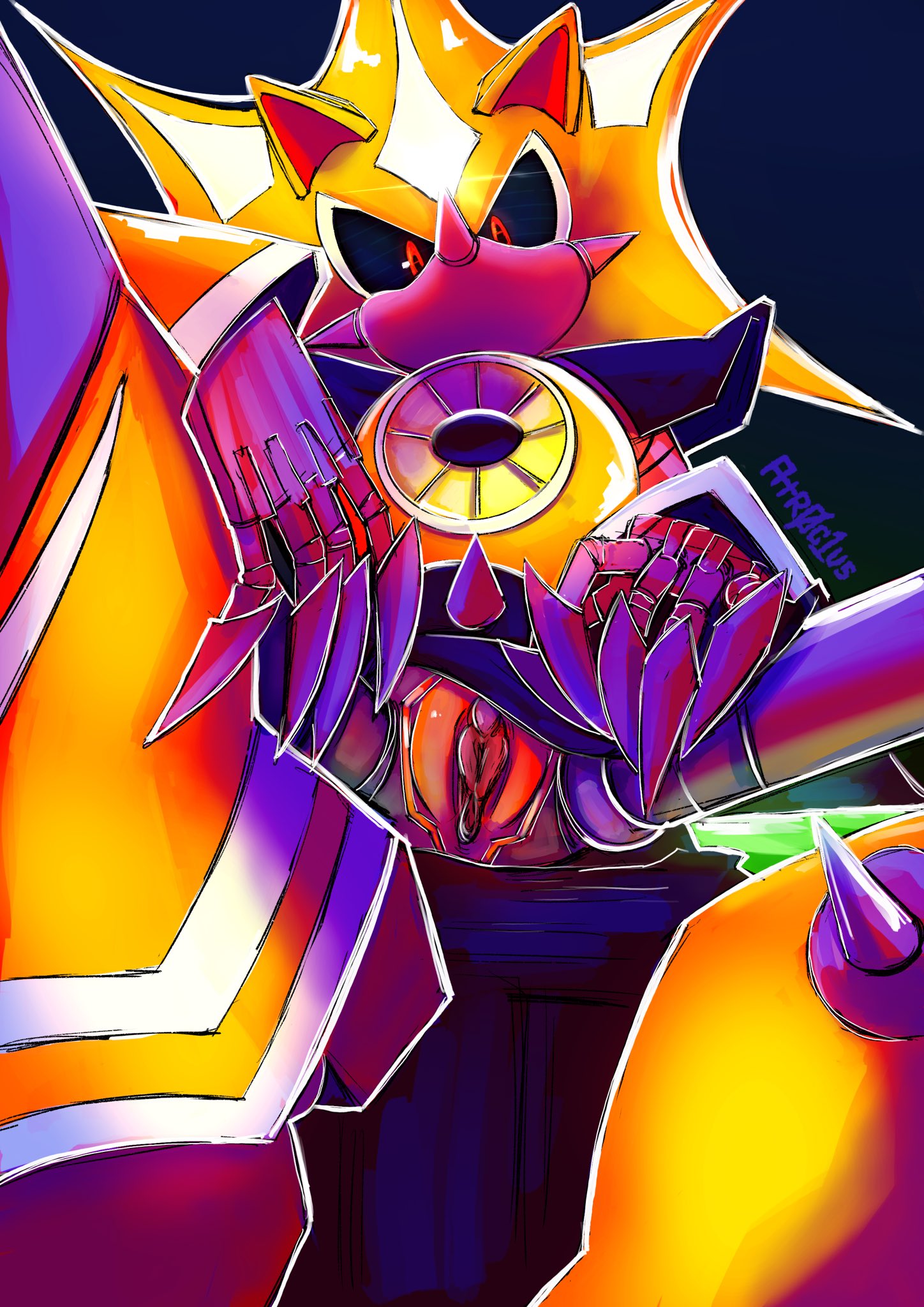 atr0c1us, below view, cuntboy, gold (metal), gold body, intersex, legs apart, legs spread, looking at viewer, metal claws, metal sonic, neo metal sonic, pussy, robot, robot anthro, robot only, robot pussy, sonic (series), sonic the hedgehog (series)