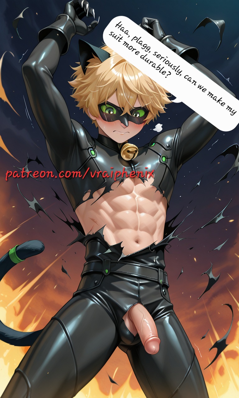 1boy, abs, adrien agreste, ai generated, balls, black suit, blonde hair, cat boy, cat ears, cat noir, cat tail, chat noir, english text, flaccid, flaccid penis, green eyes, male, male focus, male only, miraculous ladybug, miraculous: tales of ladybug and cat noir, muscles, muscular, muscular arms, muscular male, nipples, penis, plagg, plagg (miraculous ladybug), sexy, sexy boy, vraiphenix