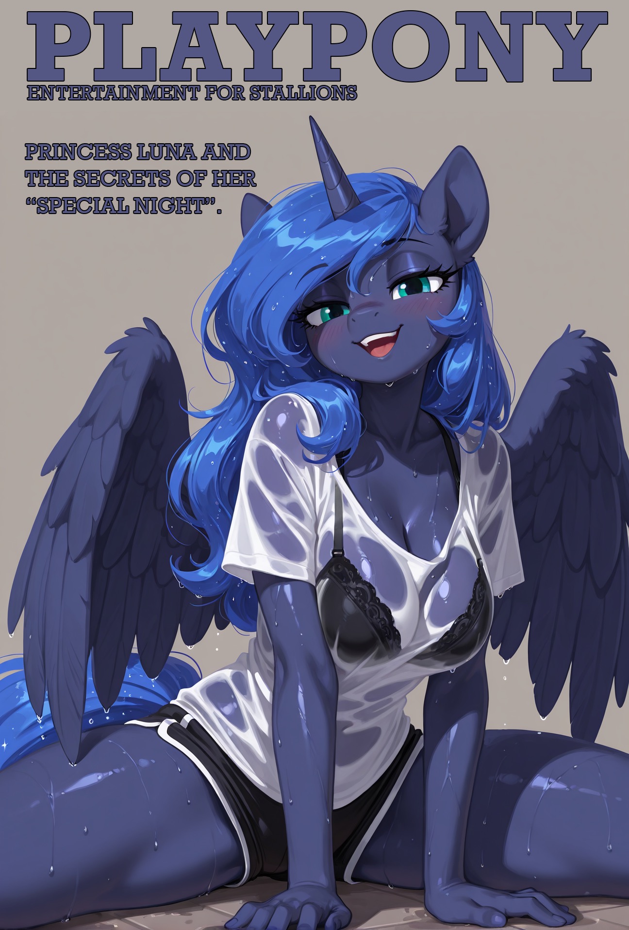 ai generated, alicorn, anthro, bedroom eyes, black clothing, blue body, blue feathers, blue tail, bottomwear, breasts, clothing, cover, druge, english text, equid, equine, feathered wings, feathers, female, friendship is magic, fur, hi res, horn, hotpants, lace bra, looking at viewer, magazine cover, mammal, my little pony, narrowed eyes, princess luna (mlp), seductive, shorts, smile, solo, teal eyes, text, water, wet, wet body, wet clothing, wet fur, white clothing, wings
