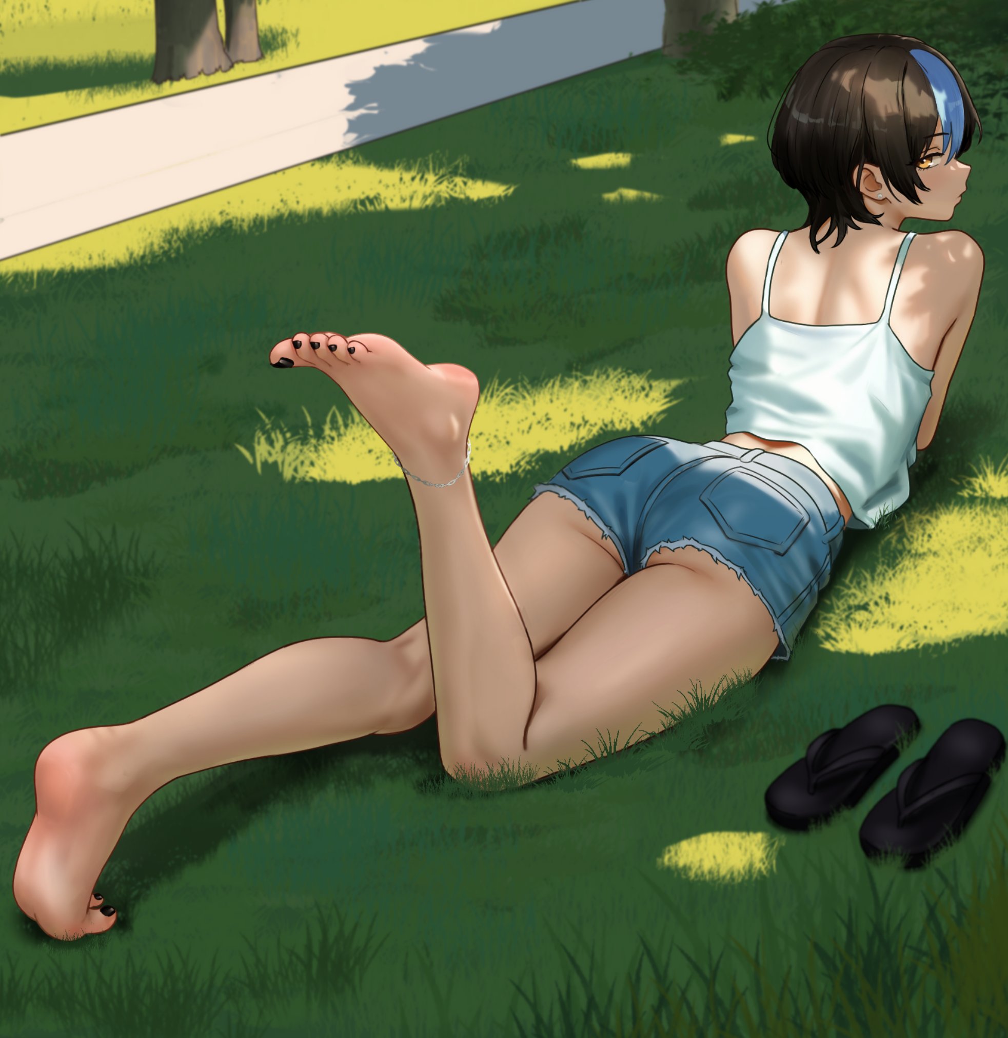1female, 1girls, barefoot, black toenails, feet, feet focus, female, female only, flip flops, foot focus, laying down, looking at viewer, looking back, nihu, original character, shorts, thighs, tomboy