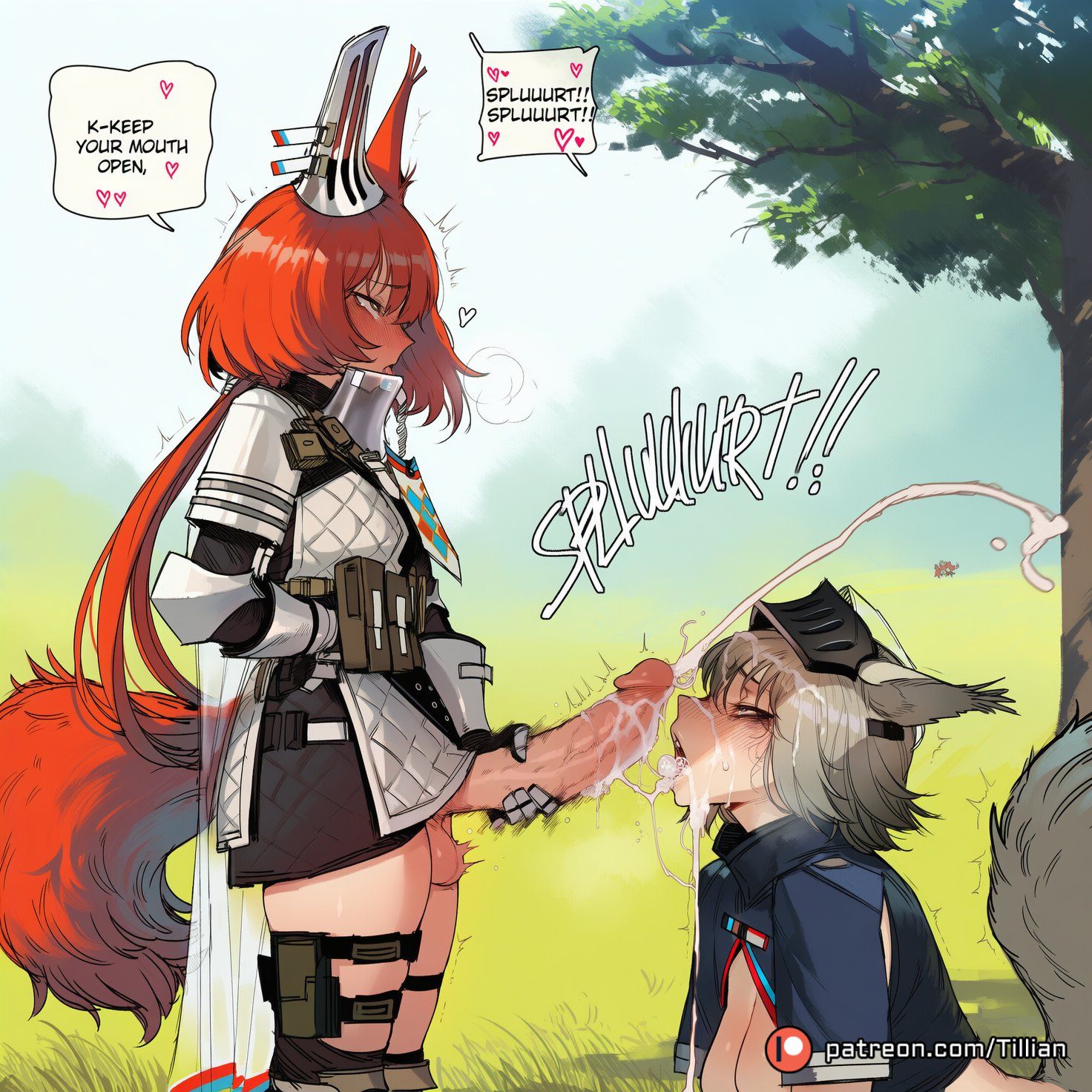 2girls, after fellatio, ai generated, animal ears, animal penis, arknights, armor, ashlock (arknights), balls, blush, breasts, cum, cum in mouth, cum on hair, cum on penis, cum on tongue, cum string, cumdrip, dark penis, day, ear covers, ejaculation, english text, erection, facial, fellatio, female, flametail (arknights), from side, futa masturbation, futa with female, futanari, gauntlets, greaves, grey hair, heart, huge cock, intersex, knee pads, large breasts, large penis, licking penis, long hair, masturbation, multiple females, multiple girls, open mouth, oral, outdoors, patreon logo, patreon username, penis, profile, projectile cum, red hair, rolling eyes, shirt, short hair, speech bubble, squirrel ears, squirrel girl, squirrel tail, standing, tail, testicles, thigh pouch, thigh strap, tillian, tongue, tongue out, tree, trembling, twitching penis, uncensored, veins, veiny penis, visor (armor)