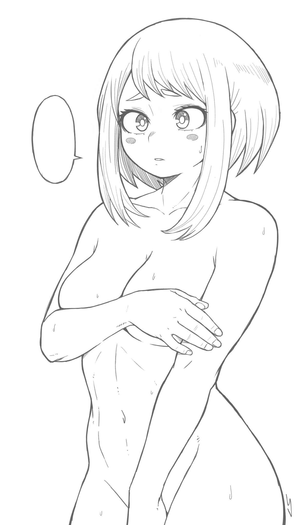 1girls, 23condex, breasts, breasts covered, female, female focus, female only, hands covering breasts, light skin, light-skinned female, monochrome, my hero academia, naked, naked female, ochako uraraka, shy, solo, solo female, solo focus