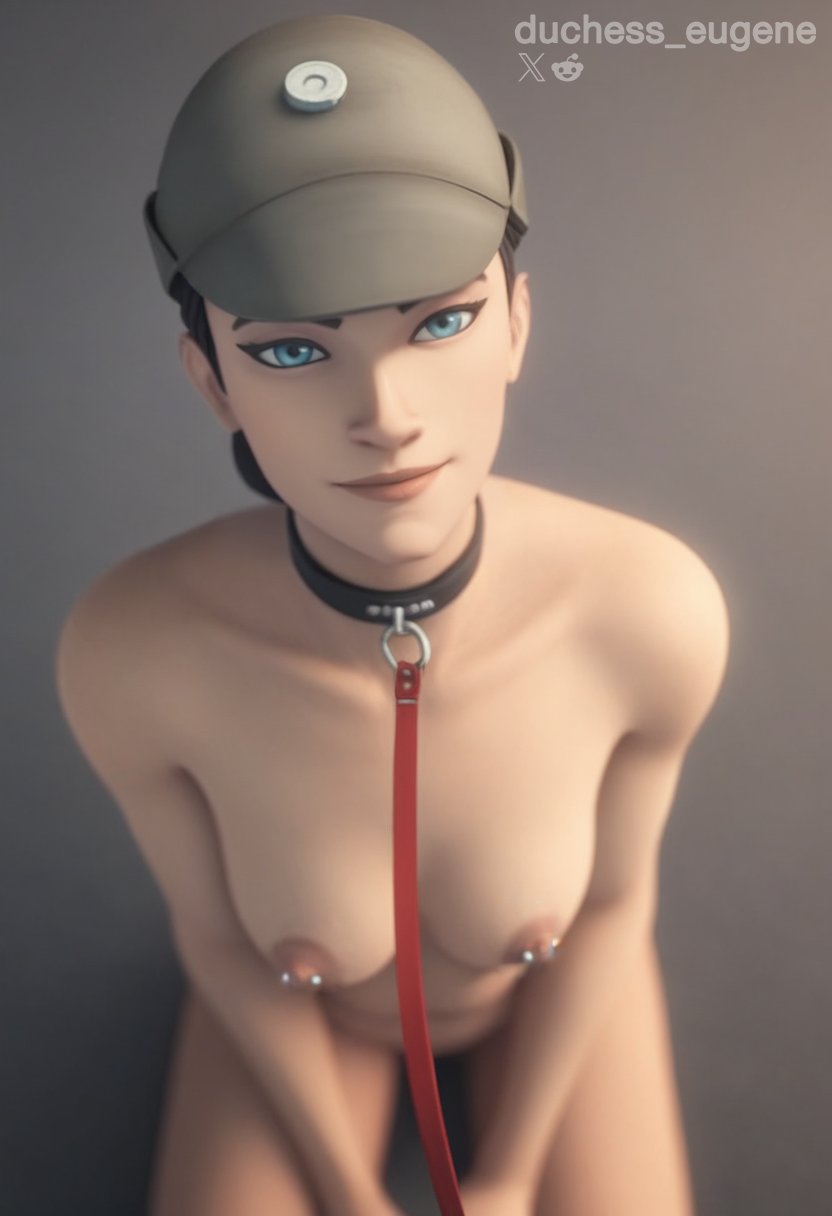 ai assisted, ai generated, areola, areolae, bare breasts, bare thighs, blue eyes, breasts, cap, captain bragg, choker, duchess eugene, female, imperial officer (star wars), leash, leash and collar, naked, naked female, nipple piercing, nipples, nude, nude female, officer, simple background, star wars, star wars: the bad batch, tagme, viewed from above
