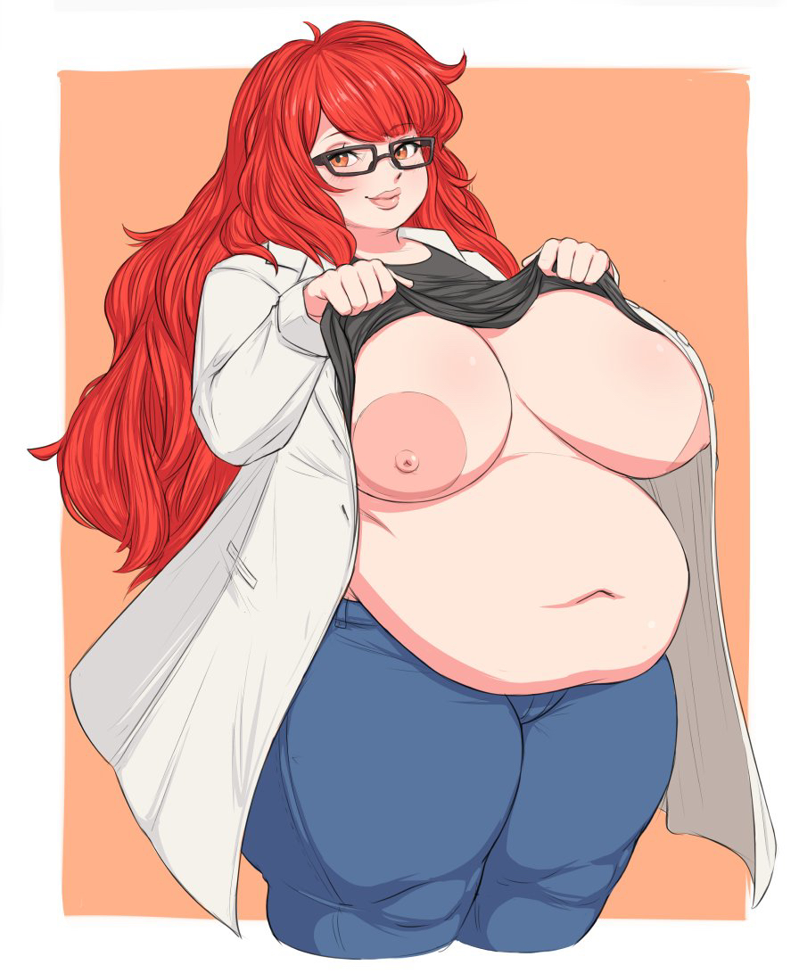 1girls, alternate version at source, areolae, asaragi, bbw, belly, breasts, fat, female, female only, glasses, huge breasts, jeans, navel, nipples, original, original character, overweight, pants, shirt, shirt lift, solo, solo female, very long hair